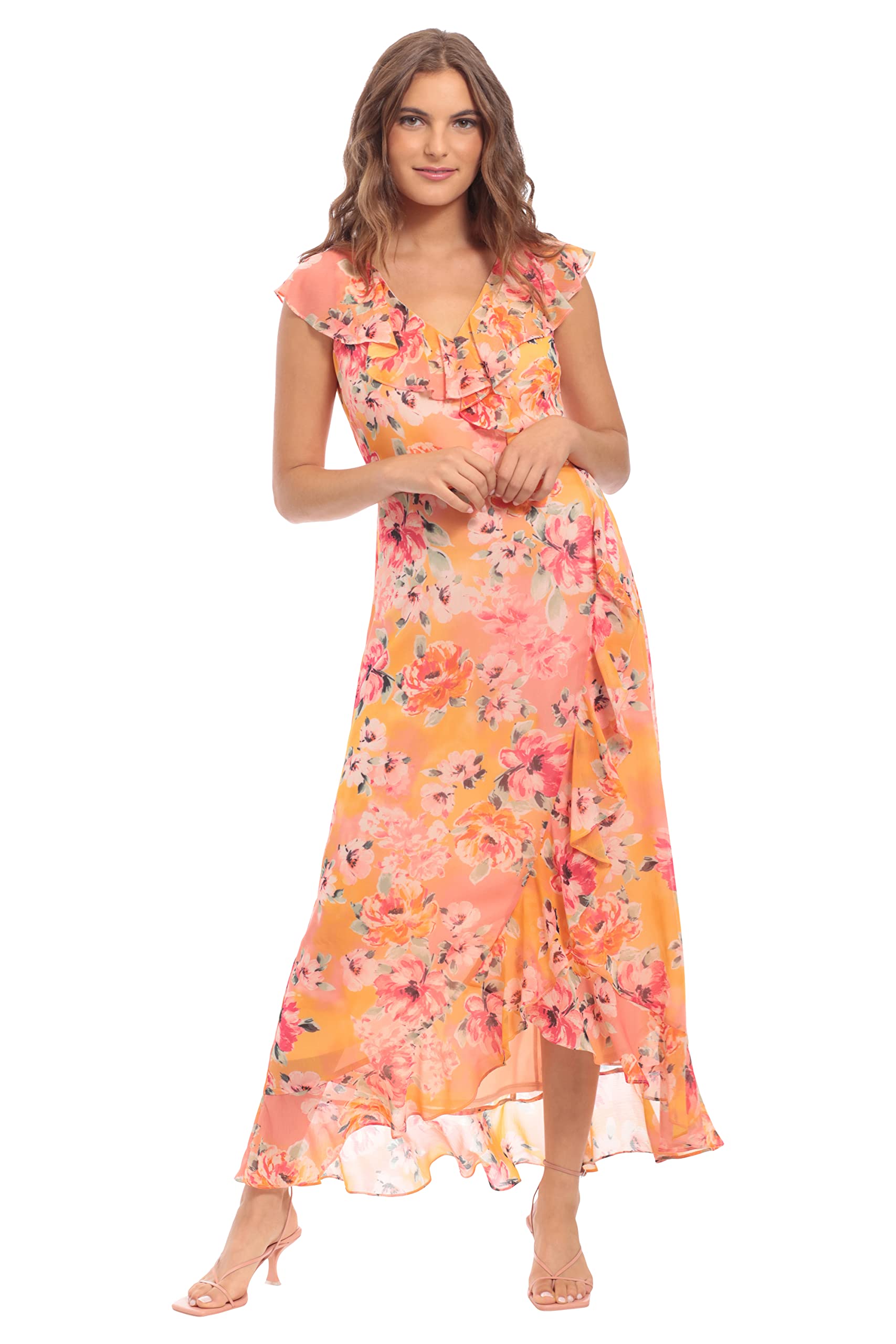 London Times Women's Elegant Chiffon Faux Wrap Ruffle Maxi Dress for Wedding Guest, Party & Special Occasions | Flowy Summer Formal Gown for Bridesmaid, Evening Events & Beach Weddings