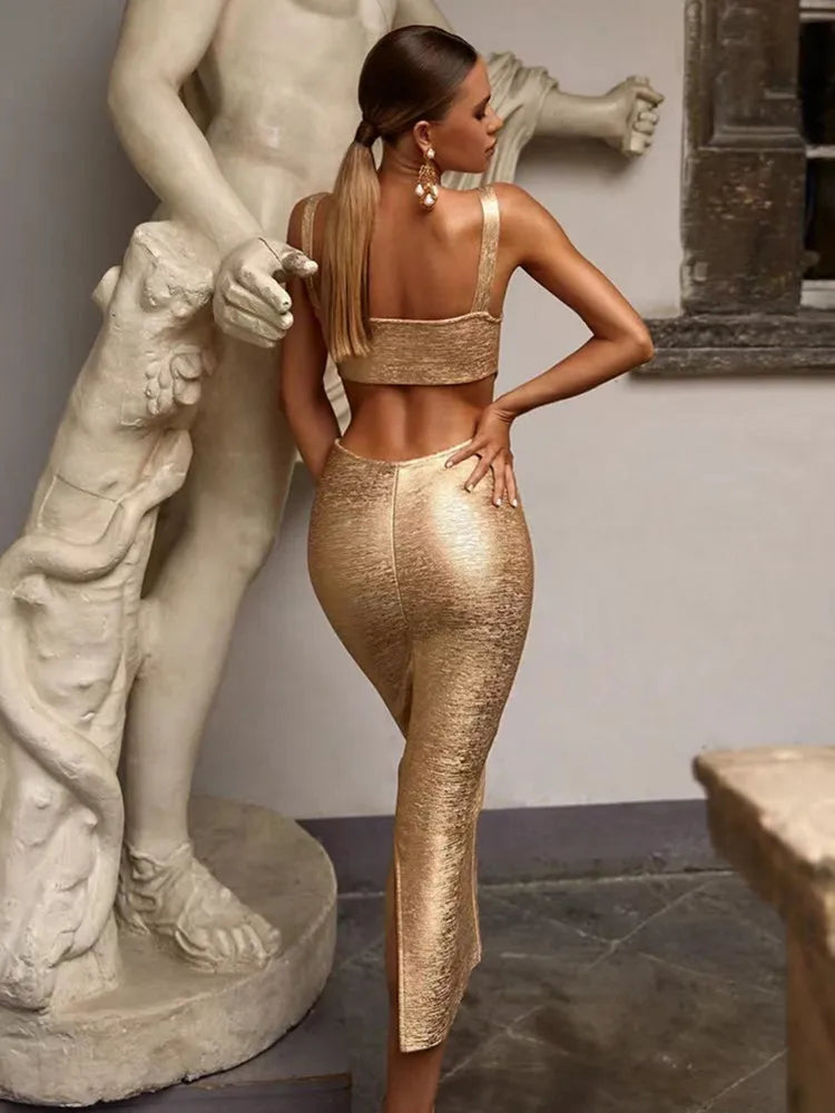 Gold Foil Summer Sleeveless Bandage Bodycon Midi Dress - Elegant Sexy Women's Evening Party & Birthday Dress for Night Out, Club, Cocktail Events