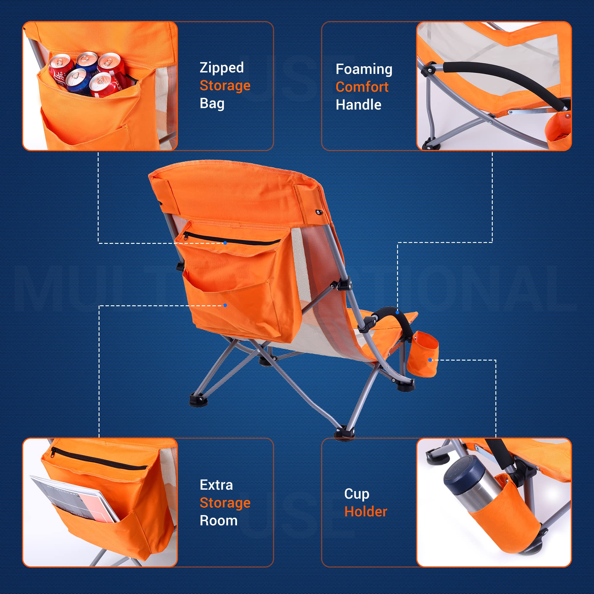 Premium 2-Pack High Back Beach Chairs for Adults with Cooler, Cup Holder & Carry Bag - Heavy Duty Portable Folding Chairs for Outdoor, Camping, BBQ, Travel, Picnic, Festival (Orange) - Perfect for Beach Relaxation, Backyard Lounging & Summer Adventures