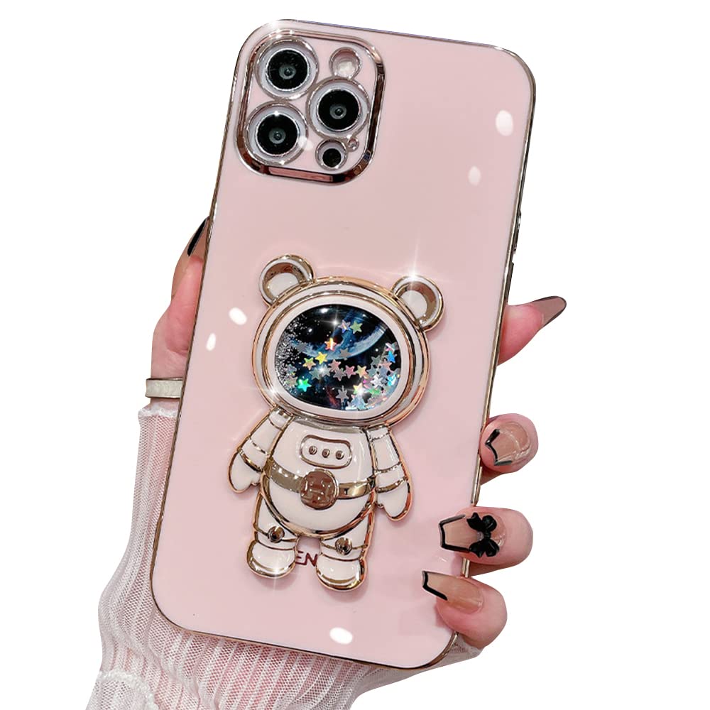 Shockproof Glitter Liquid Quicksand iPhone 12 Case with Kickstand - Cute Astronaut Design, Sparkle Bling Electroplated Cover for Women & Girls | Perfect for Daily Use, Travel, and Gift Giving