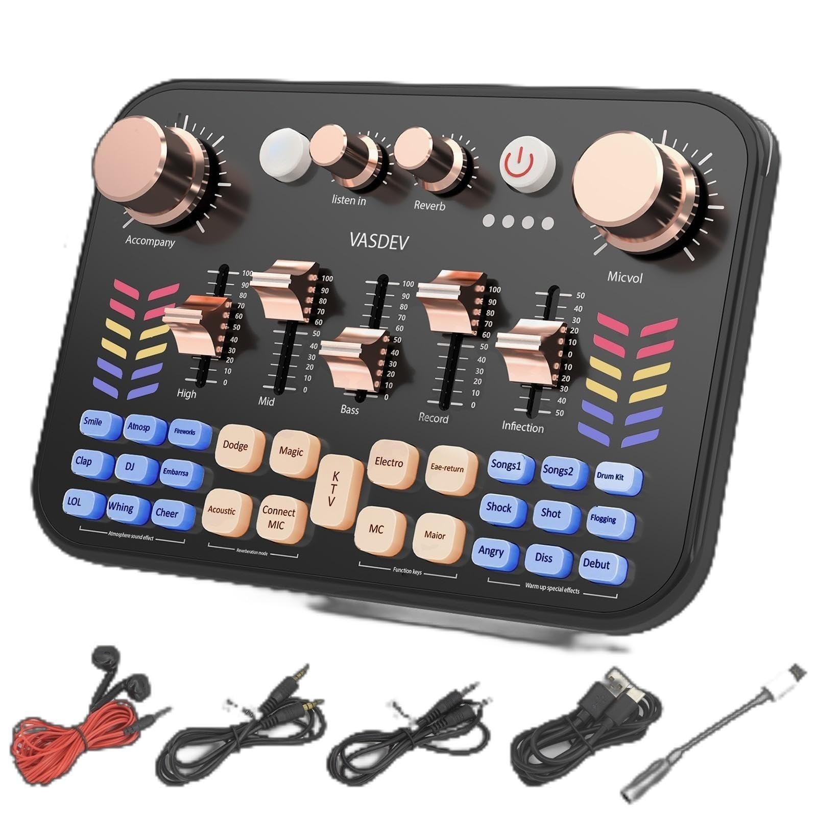VASDEV Podcast Soundboard Equipment Bundle with Bluetooth Voice Changer & DJ Controller - Perfect for Live Streaming, Singing, Gaming, and Professional Audio Production