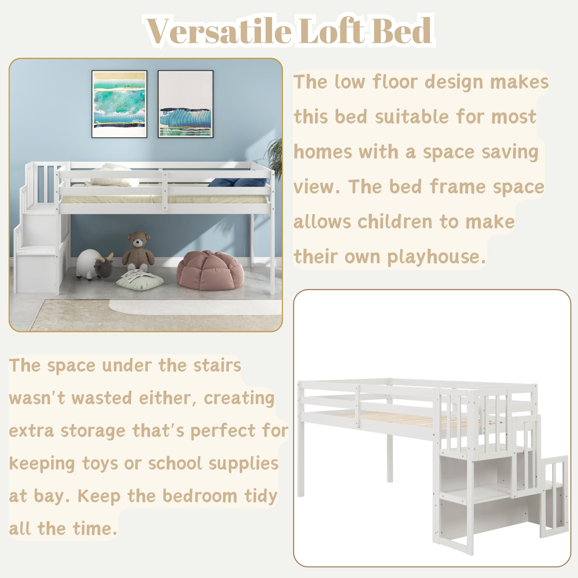 Bellemave Twin Size Low Loft Bed with Stairs & Storage - Sturdy Wooden Bed Frame for Kids, Teens, Boys & Girls - White - Perfect for Small Bedrooms, Dorm Rooms & Kids' Spaces