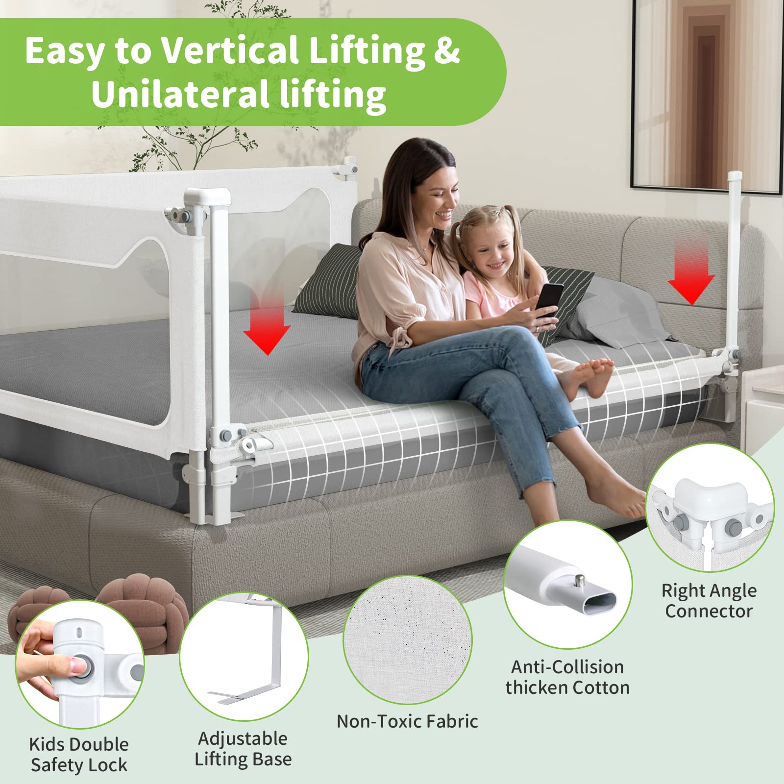 Melafa365 Adjustable Toddler Bed Rails - Safety Guard for Twin, Full, Queen & King Size Beds | Height-Adjustable Baby Bed Rail for Kids (White, 1 Piece, 74