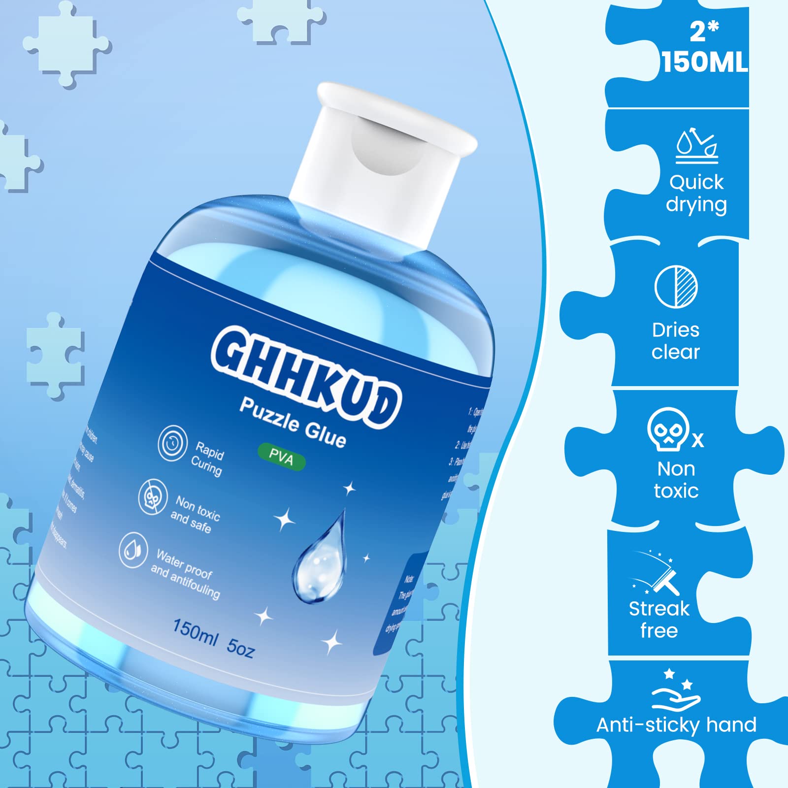 Premium 300ML Clear Puzzle Glue with Applicator Brushes | Non-Toxic Adhesive for Wood & Paper Puzzles | Perfect for 1000+ Piece Puzzles | Great for Framing & Preserving Puzzle Art (Blue)