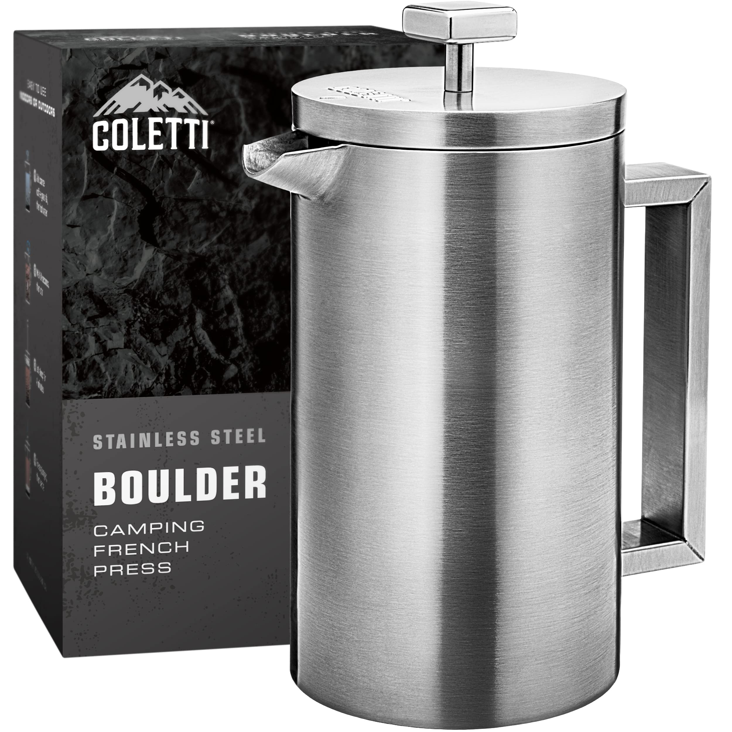 COLETTI Boulder Camping French Press Coffee Maker - 34oz Large Insulated Stainless Steel Travel Coffee Press - Perfect for Outdoor Camping, Hiking & Home Use
