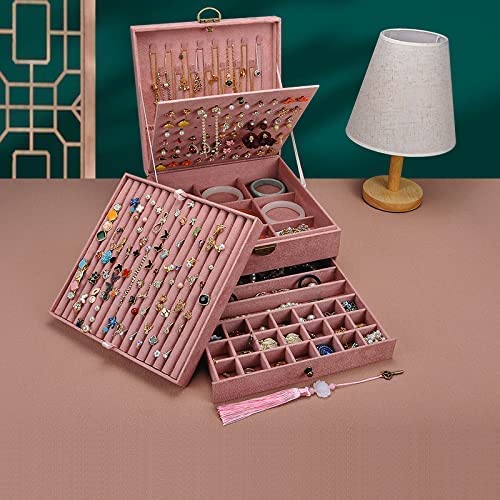 5-Layer Velvet Jewelry Organizer Box - Large Square Storage Case for Necklaces, Earrings, Bangles & Accessories | Pink Jewelry Display Drawer GY306 | Perfect for Bedroom Vanity, Travel & Gift Giving