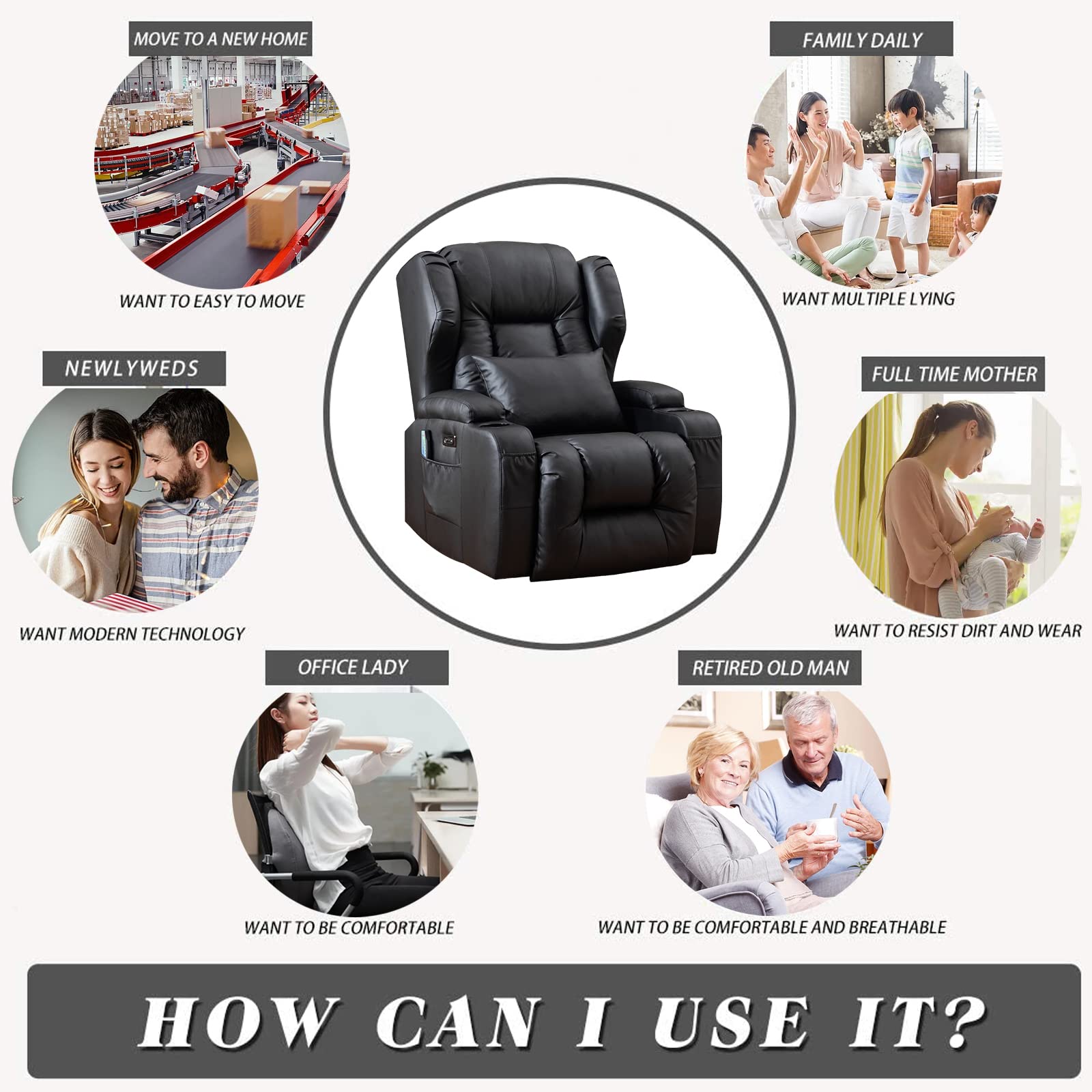 SAMERY Power Recliner Chair with Massage & Heat - Electric Wingback Recliner for Elderly & Adults, Ergonomic Lounge Sofa with LED Lights, USB Port, Cup Holders & Storage Pockets - Perfect for Home Theater, Living Room & Relaxation