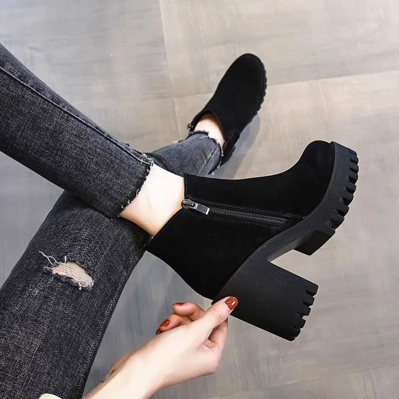 Punk Style Black Suede Ankle Boots for Women - High Heel Combat Booties, Winter Fashion Footwear | Perfect for Night Out, Parties & Edgy Street Style