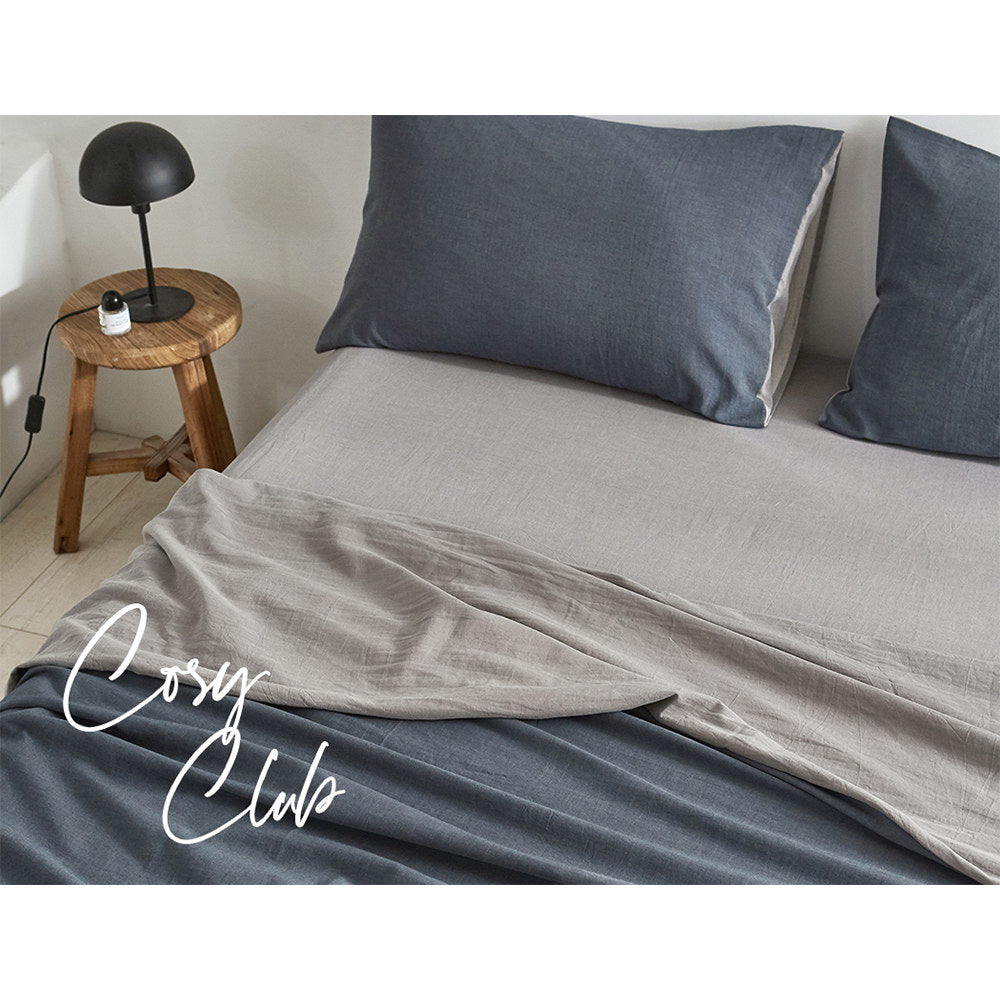 Premium 100% Cotton Sheet Set - Single Size, Soft & Breathable Bed Sheets in Dark Blue & Grey - Perfect for Bedroom, Guest Room, Dorm & Airbnb