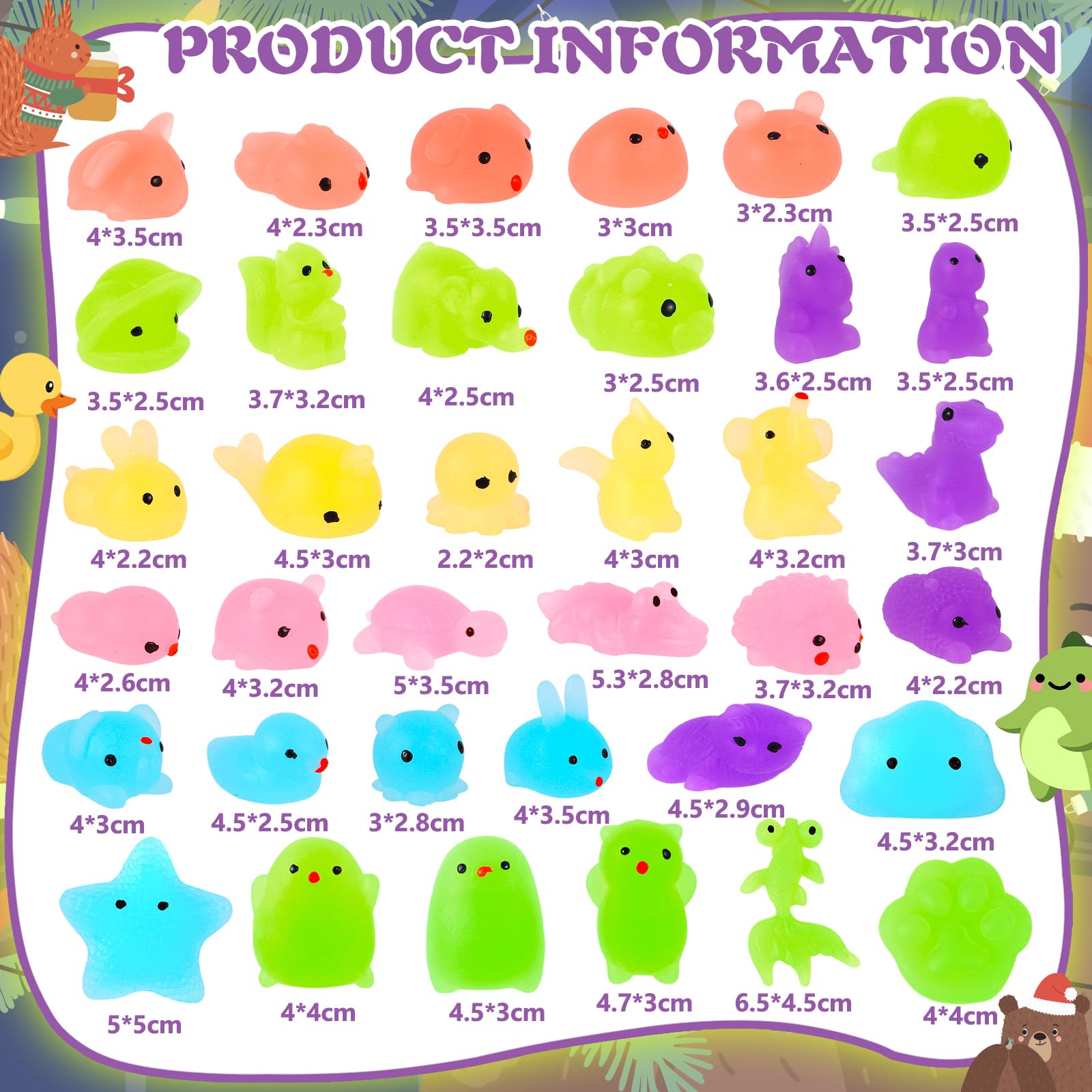 36Pcs Mini Squishy Toys - Fluorescent Kawaii Animal Stress Relief Squeeze Toys for Kids Party Favors, Christmas, Halloween - Perfect for Sensory Play, Anxiety Relief & Party Giveaways