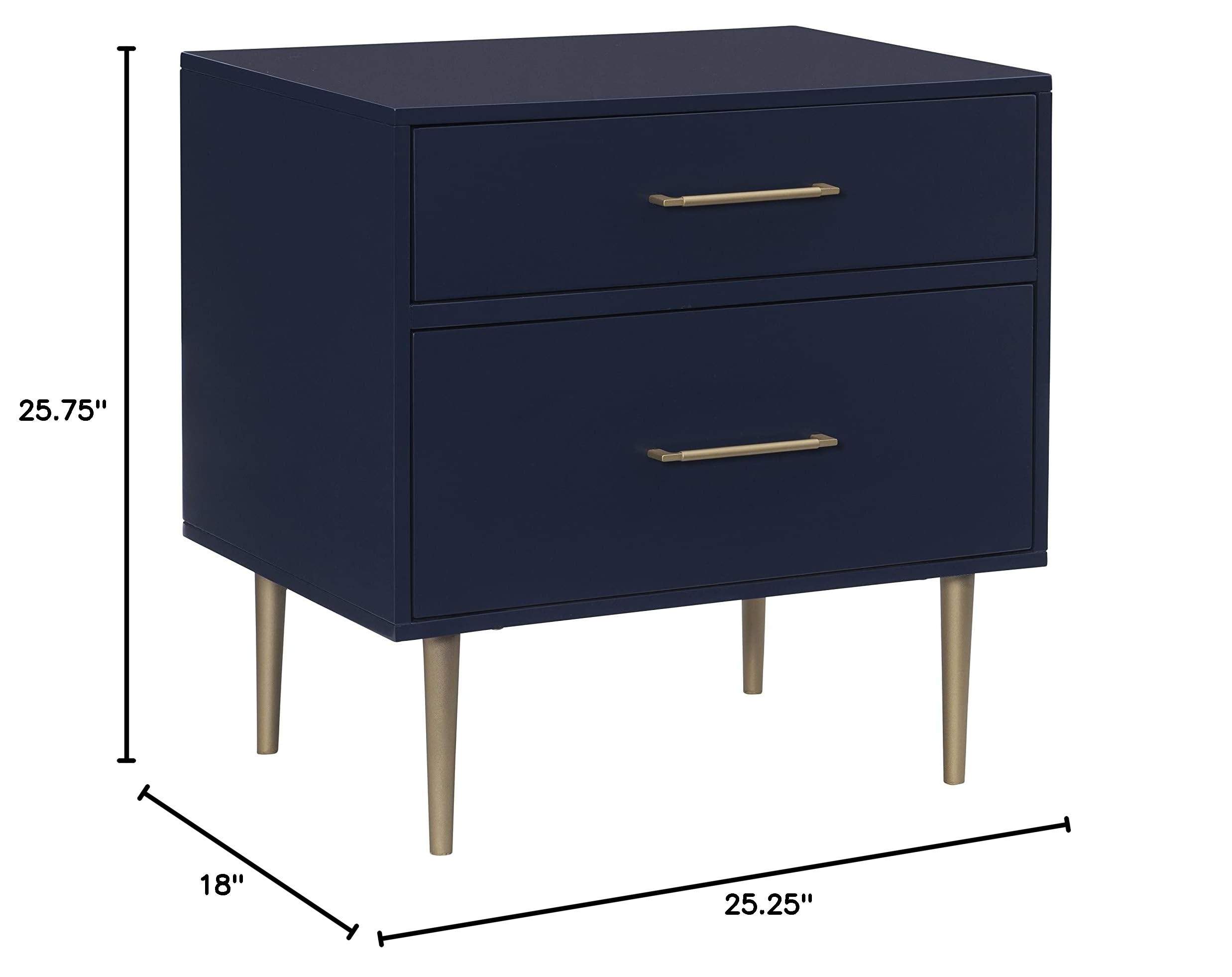 Linon Lennon Modern Navy Nightstand with Gold Hardware - 2 Drawer Bedside Table for Bedroom, Living Room & Office Storage