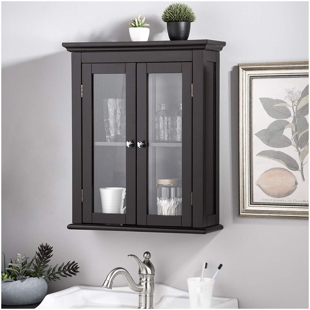 Glitzhome Wooden Wall Cabinet with Glass Double Doors & Adjustable Shelf - Kitchen & Bathroom Storage Organizer for Spices, Towels & Decor | Rustic Home Decor Solution