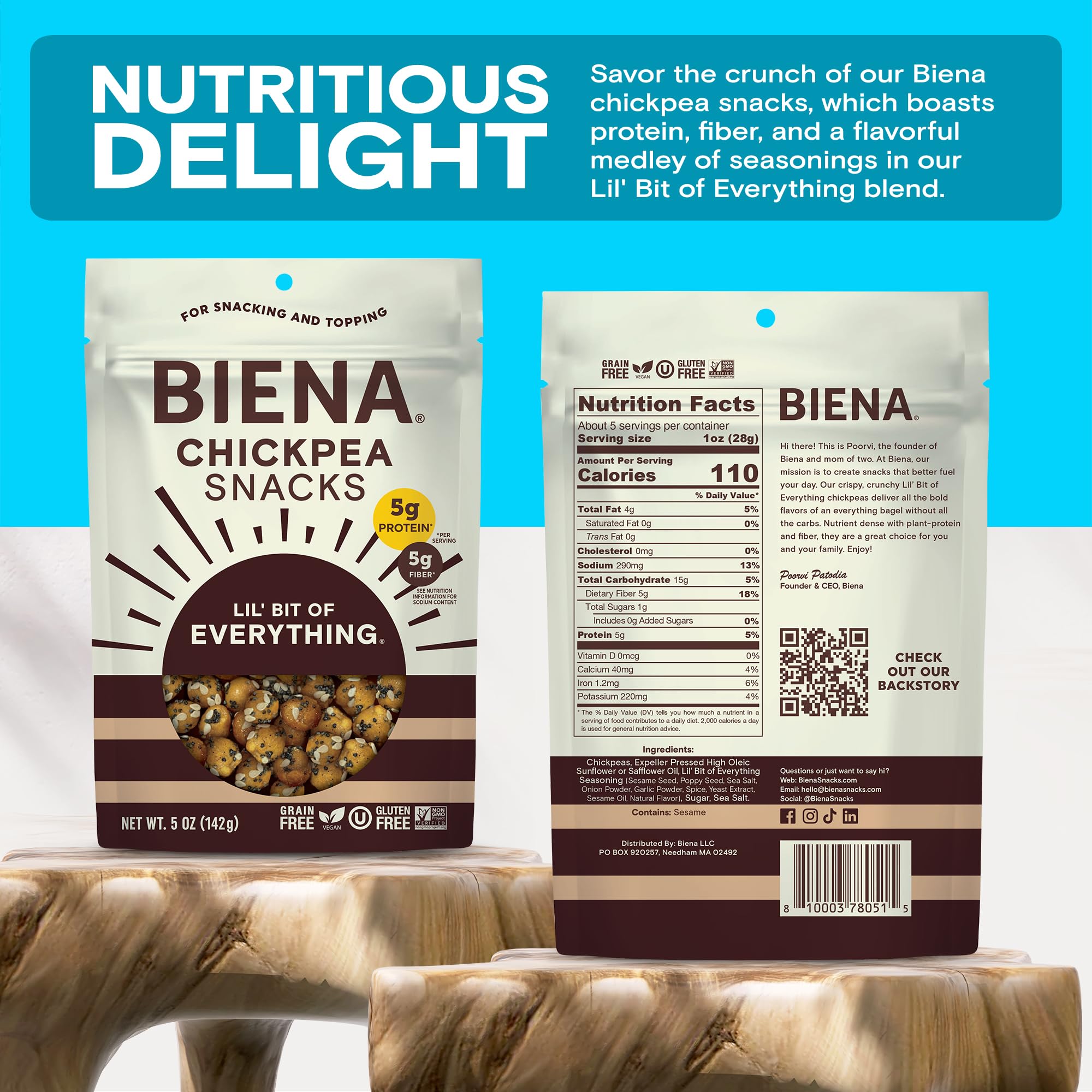 Biena Crispy Roasted Chickpea Snacks - High Protein & Fiber, Gluten Free, Non-GMO, Plant-Based Healthy Snacks for Adults & Kids (4-Pack, 5oz Bags) - Perfect for On-the-Go, School Lunches & Office Snacking
