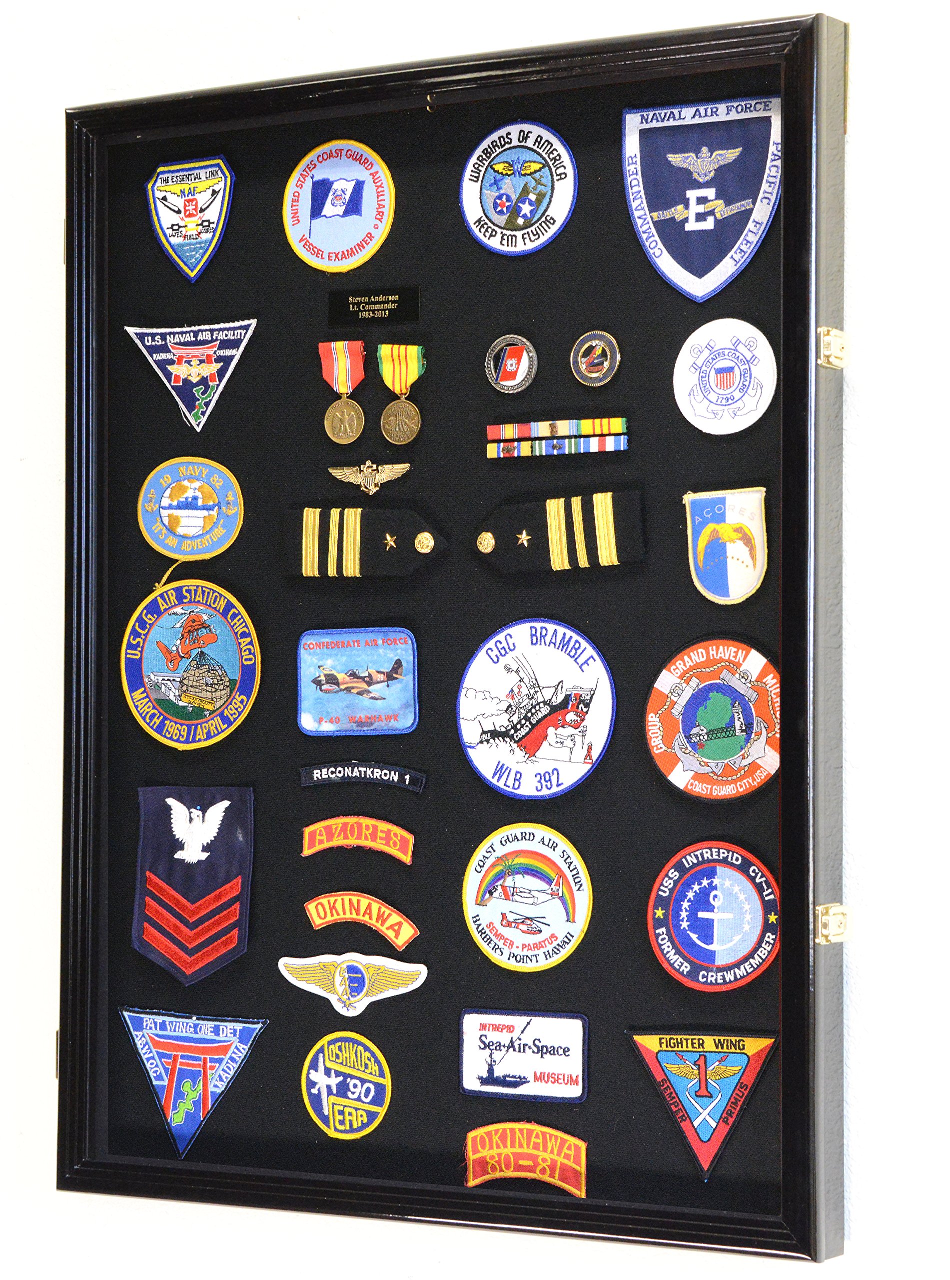 XL Military Display Case - Medals, Pins, Patches, Badges, Ribbons & Insignia Shadow Box Cabinet with Black Wood Finish - Perfect for Veterans, Collectors & Home Decor