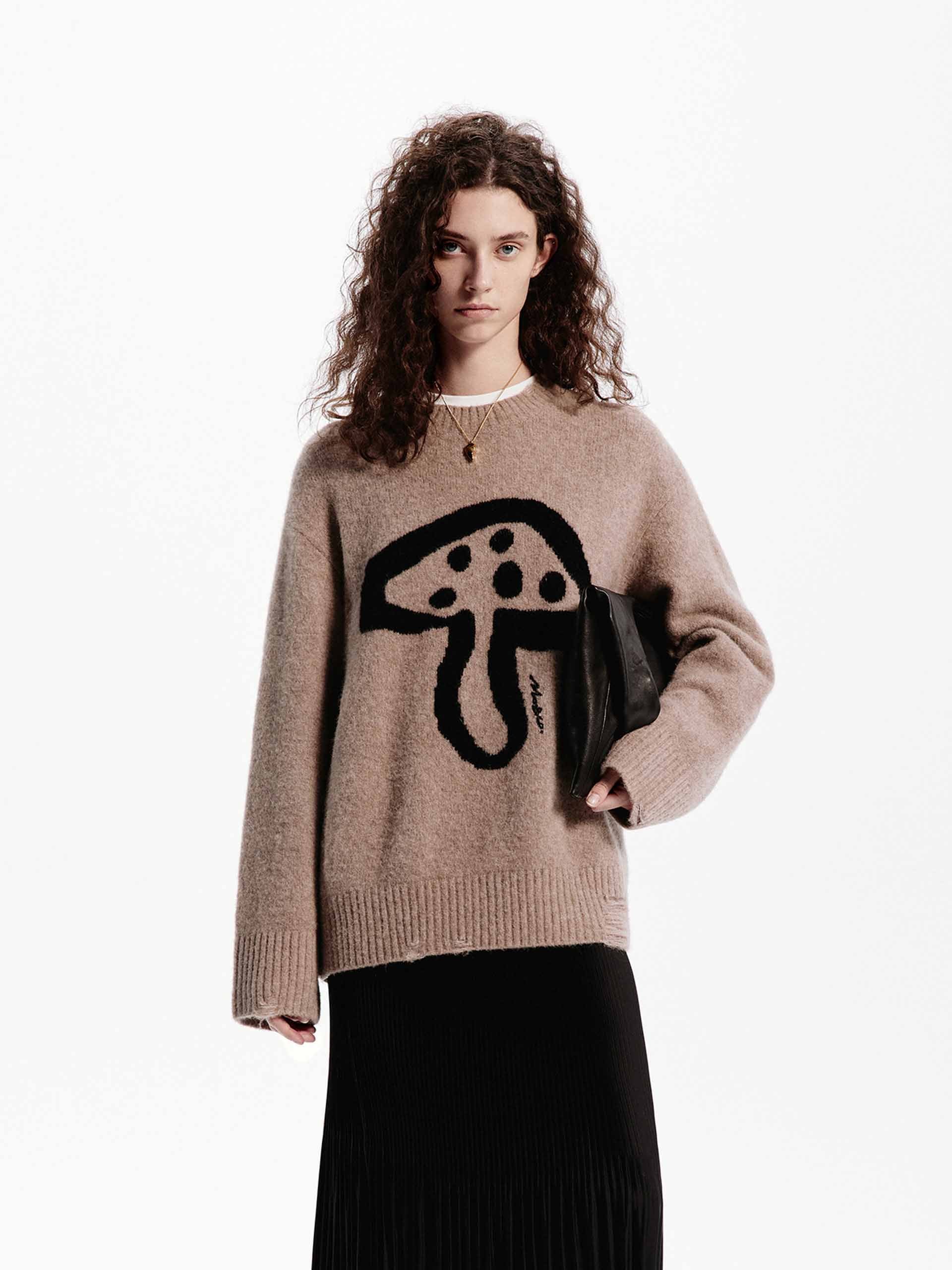 Trendy Mushroom Print Oversized Sweater for Women - Cozy Fall & Winter Knitwear for Casual Outfits and Layering