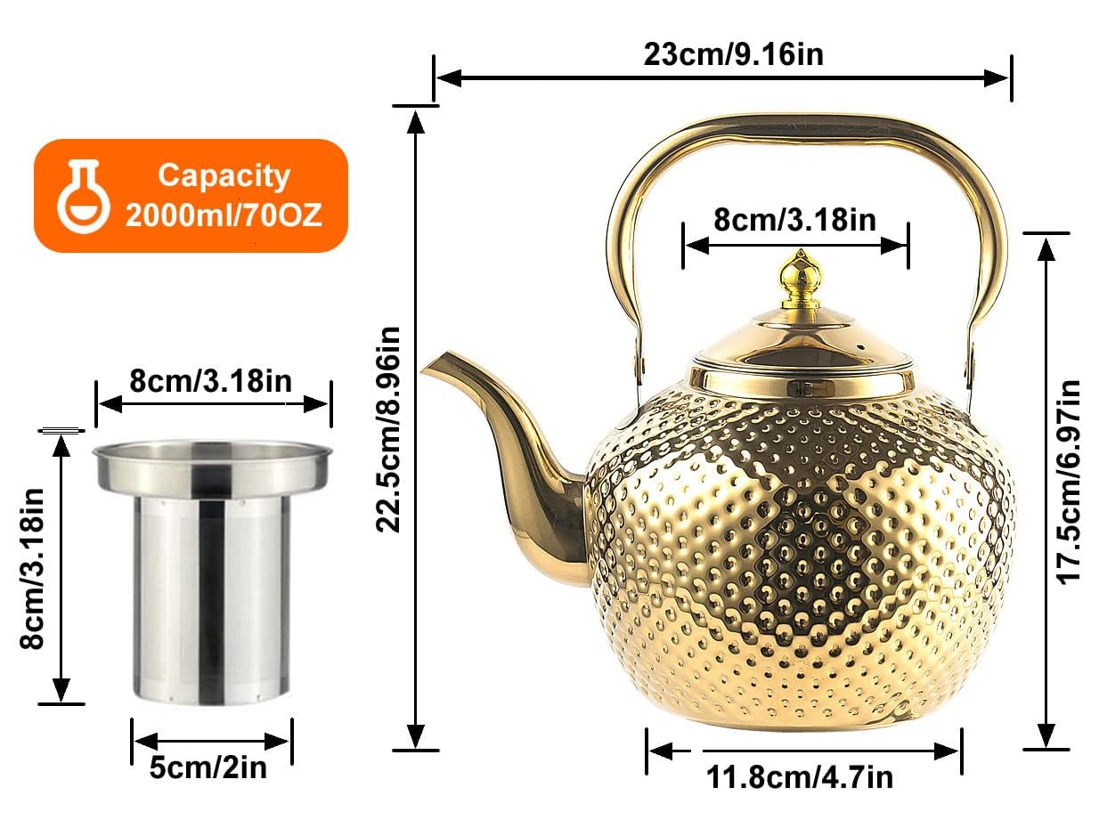 SANQIAHOME 2000ml Stainless Steel Teapot with Infuser - Gold Induction & Gas Stove Compatible Tea Kettle - Perfect for Home, Office, and Tea Ceremonies