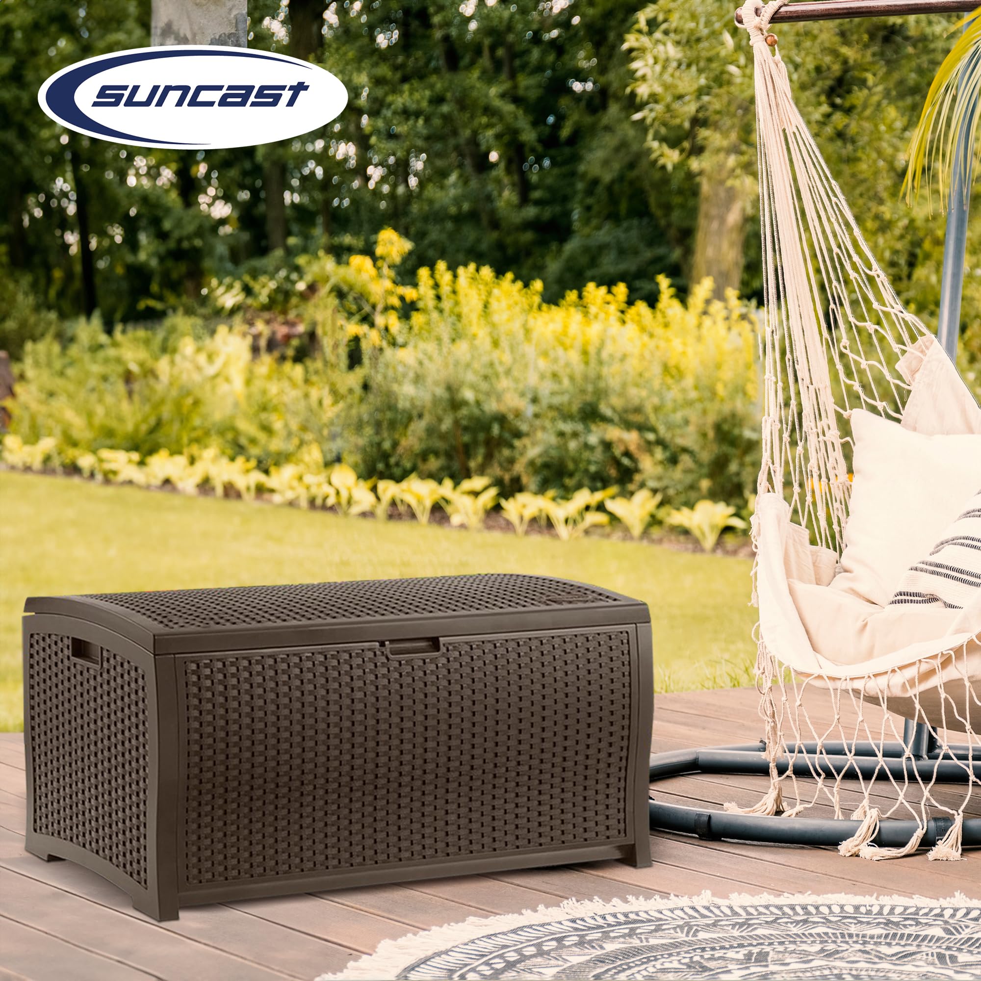 Suncast 73 Gallon Waterproof Resin Wicker Outdoor Patio Storage Deck Box - 3 Pack Set for Cushions, Pool Toys & Garden Tools | Weatherproof Deck Storage Solution for Backyard, Porch & Poolside