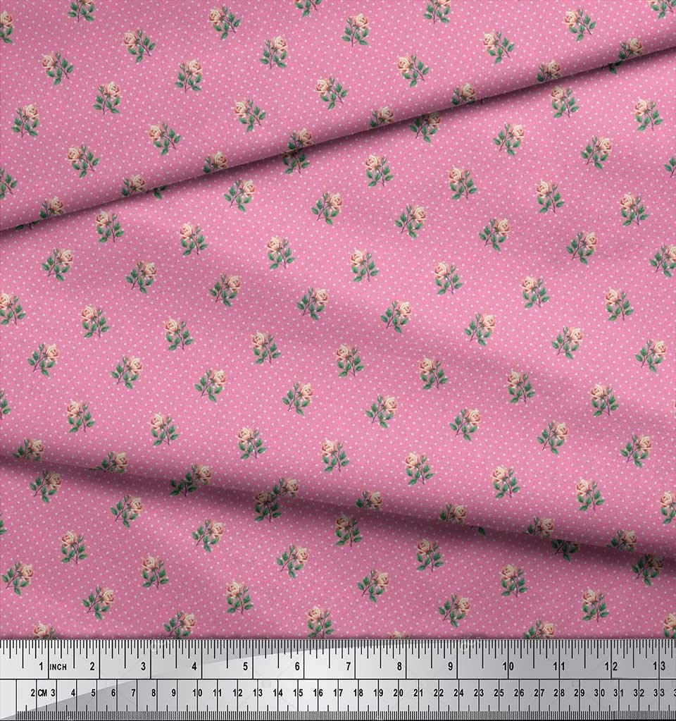 Soimoi Rayon Pink Floral Fabric by The Yard - 42 Inch Wide - Dot, Leaves & Rose Printed Fabric for Fashion & Home Decor - Perfect for Dresses, Curtains, DIY Crafts & Upholstery