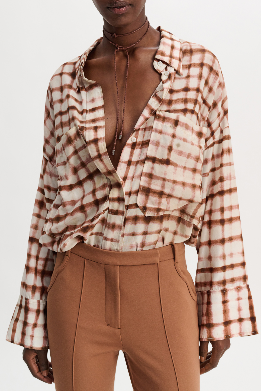 Checked Statement Blouse for Women - Brown and Rose Plaid Shirt | Trendy Office Wear & Casual Outfit for Work or Weekend