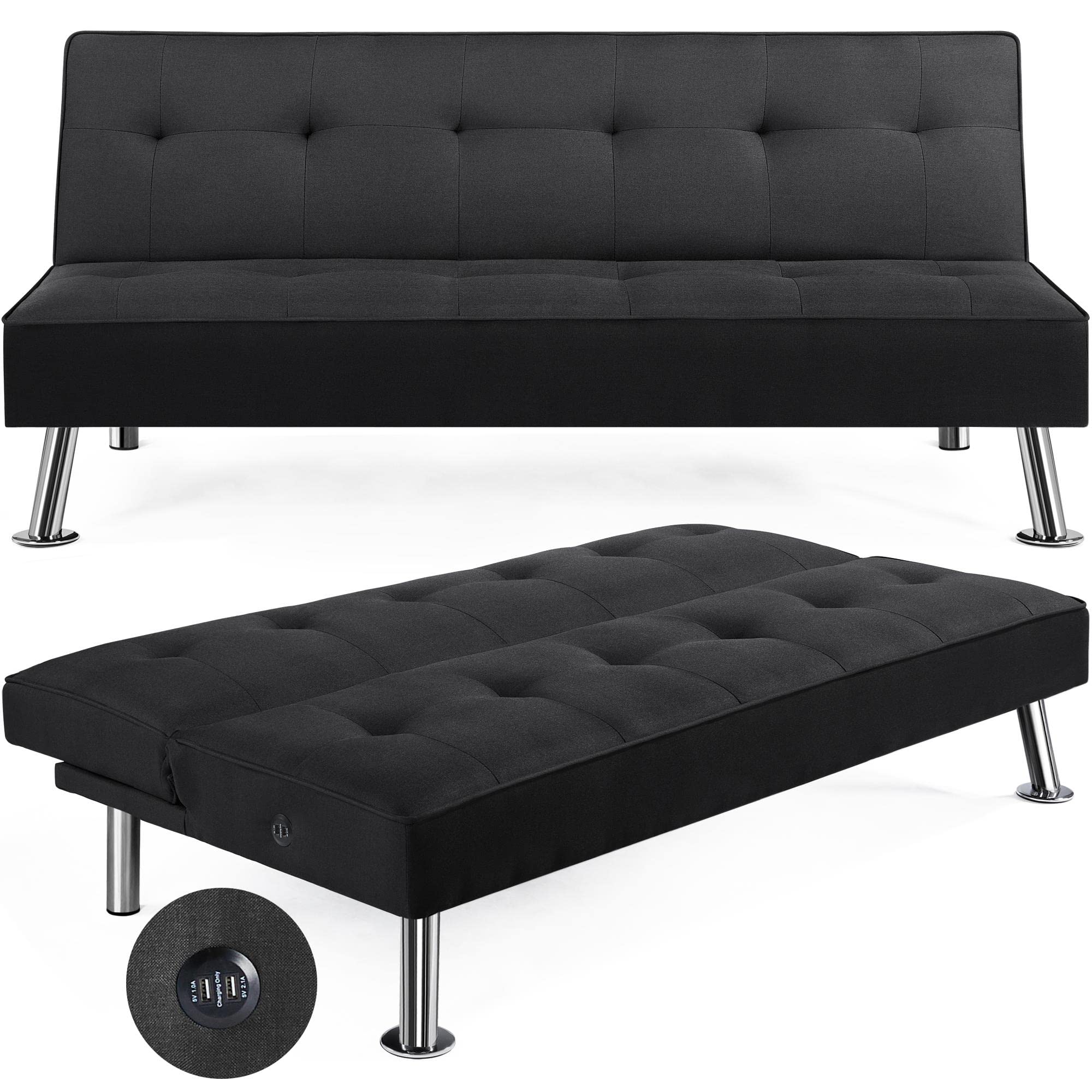Yaheetech Modern Convertible Futon Sofa Bed with 2 USB Charging Ports - 3-Position Adjustable Backrest, Metal Frame & Fabric Upholstery - Space-Saving Sleeper Sofa for Small Apartments, Dorm Rooms, Home Office & Guest Rooms (Black) - Perfect for Lounging, Napping & Hosting Overnight Guests