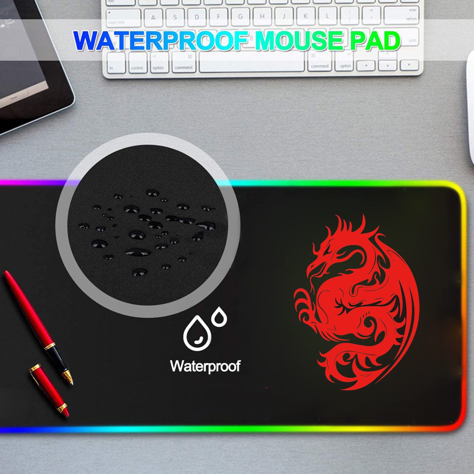 RGB Gaming Mouse Pad with 15 LED Light Modes - Large Extended Keyboard Mouse Mat (31.5x12in) for PC Gamers - Dragon Design Non-Slip Surface - Perfect for Gaming Setups, Office Work & Streaming (Red)
