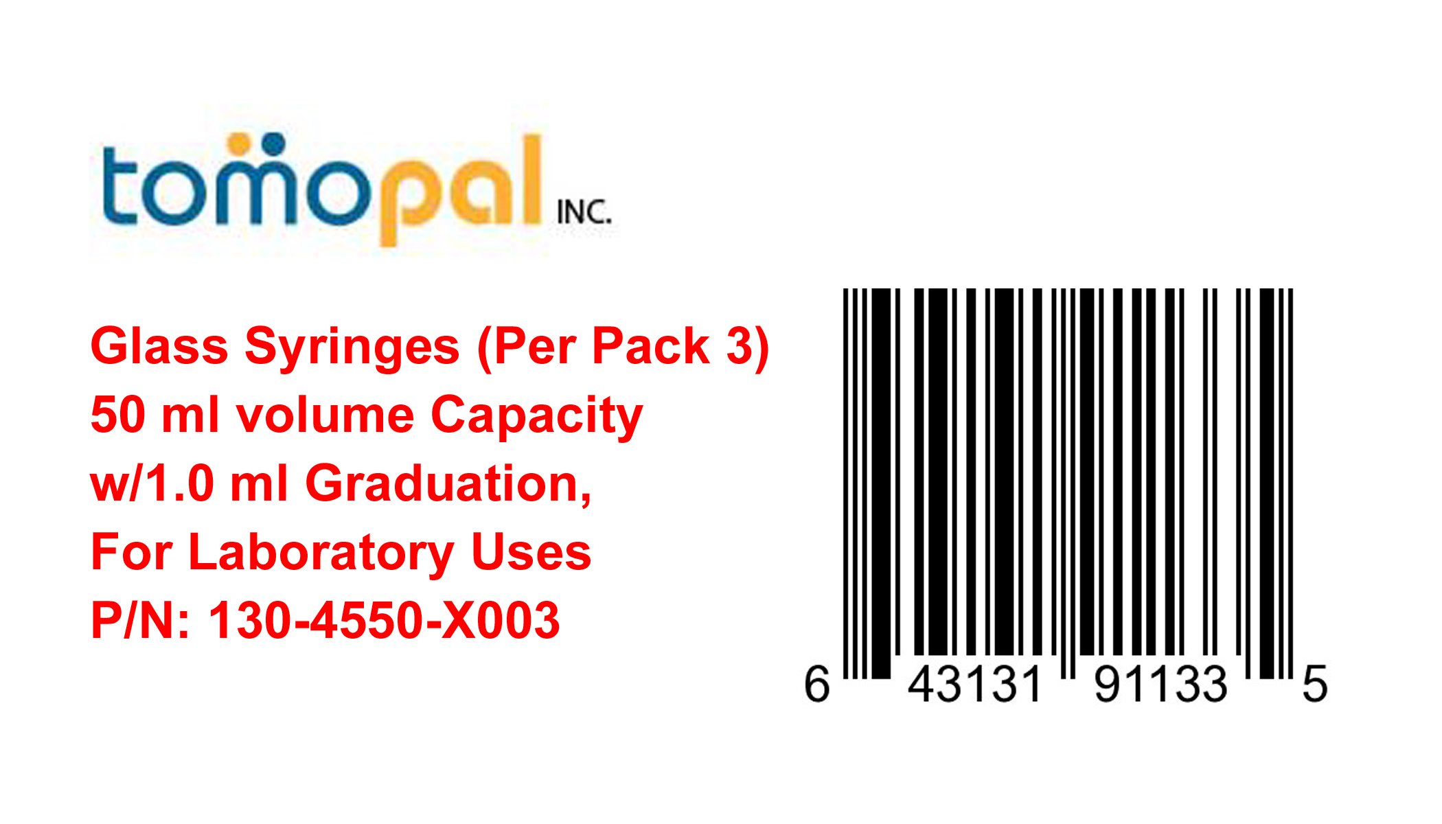 Tomopal 50ml Glass Syringe with 1.0ml Graduation - Pack of 3 - Laboratory Grade Precision Syringes for Scientific Research, Medical Use & Essential Oil Measurement (P/N: 130-4550-X003)