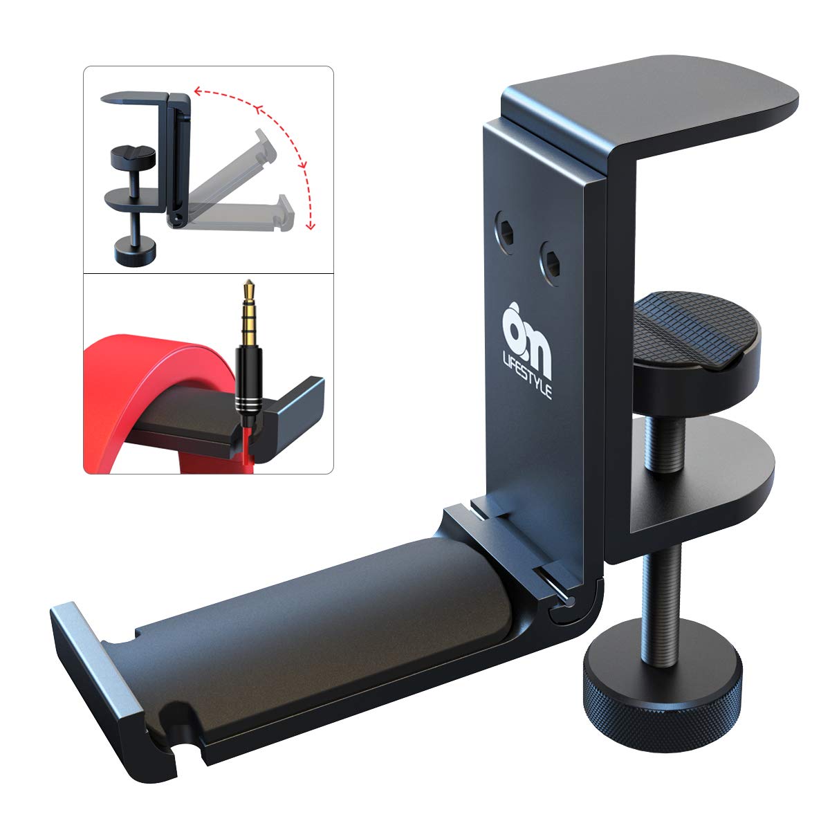 Foldable Under Desk Headphone Holder Hook & Hanger Stand - Metal Space-Saving Headset Mount with Cable Organizer for Gaming PC Headsets, Office & Home Use - Perfect for Desk, Wall, or Clamp Installation