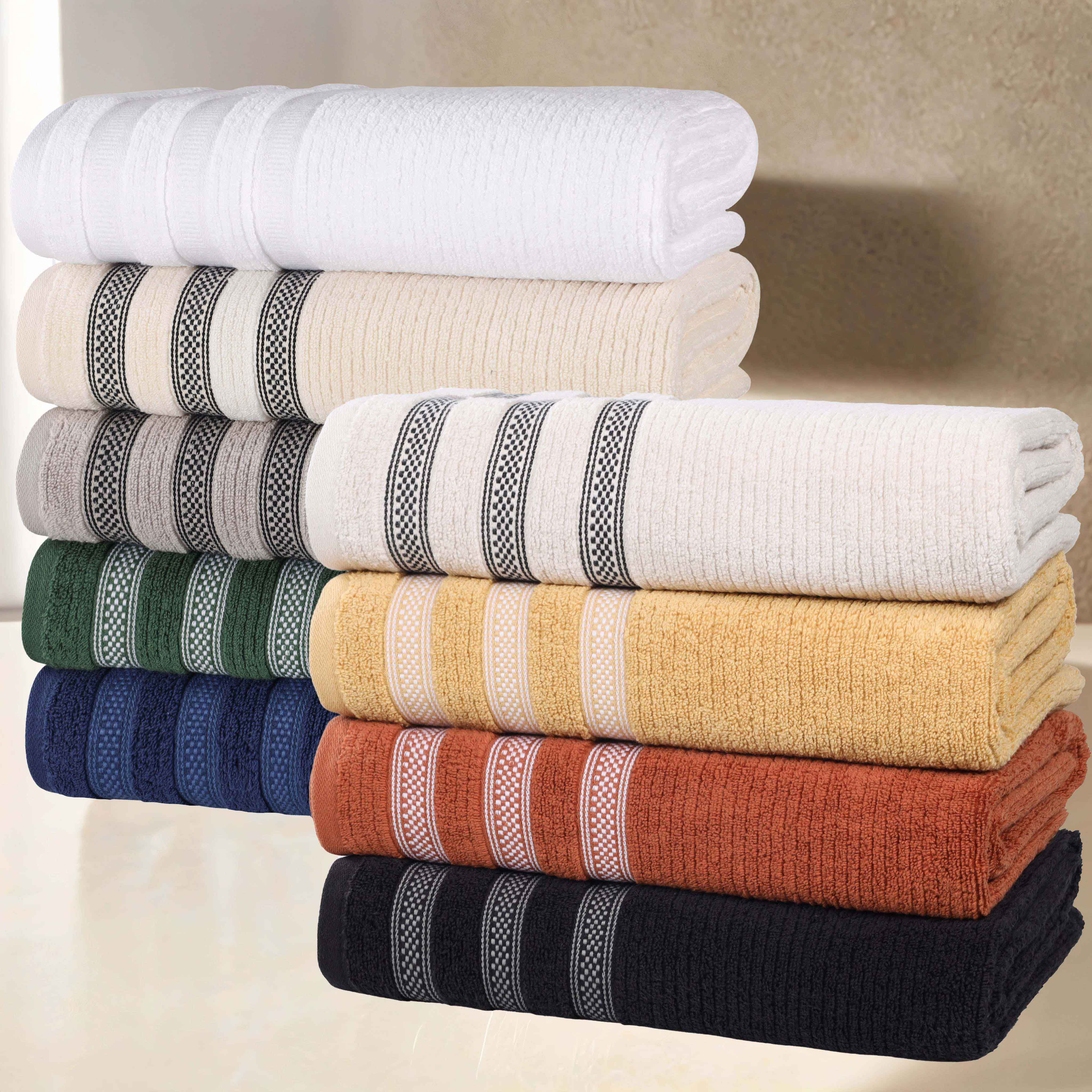 12-Pack Zero Twist Cotton Ribbed Geometric Border Plush Face Towels | Ultra Soft Bath & Hand Towels for Spa, Gym, Travel & Home Use