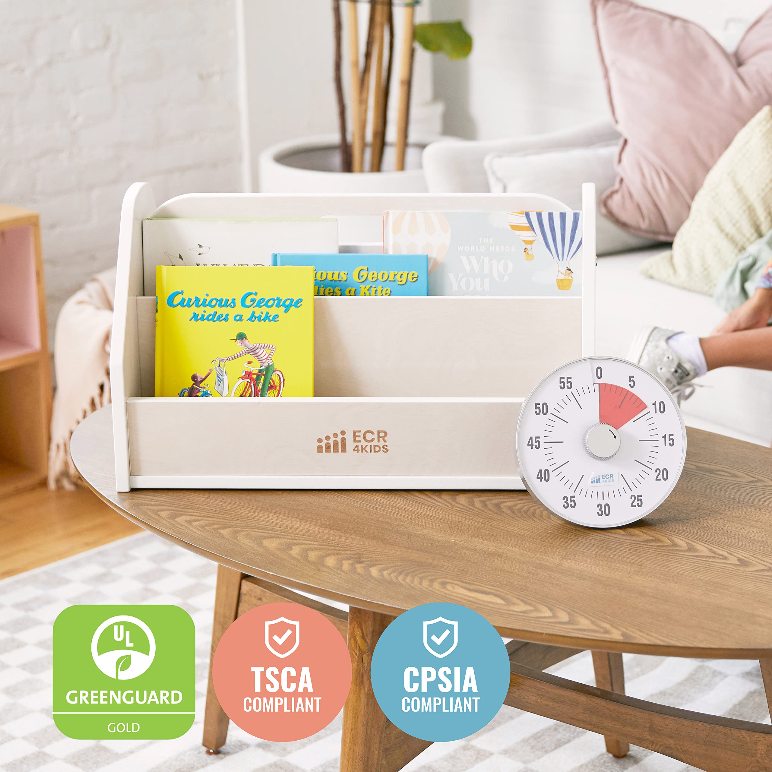 ECR4Kids Double-Sided Book Caddy with Timer - Portable Bookshelf Organizer for Classroom & Home - White Wash Finish - Ideal for Reading Corners, Daycare Centers & Homeschooling