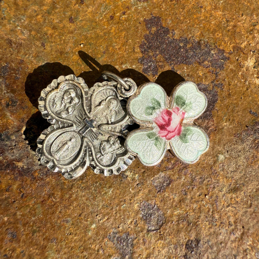 Vintage 2-Piece Guilloche Enamel Hand-Painted 4-Way Cross Pendant Clover Necklace - Elegant Religious Jewelry for Women, Perfect for Church, Weddings & Special Occasions