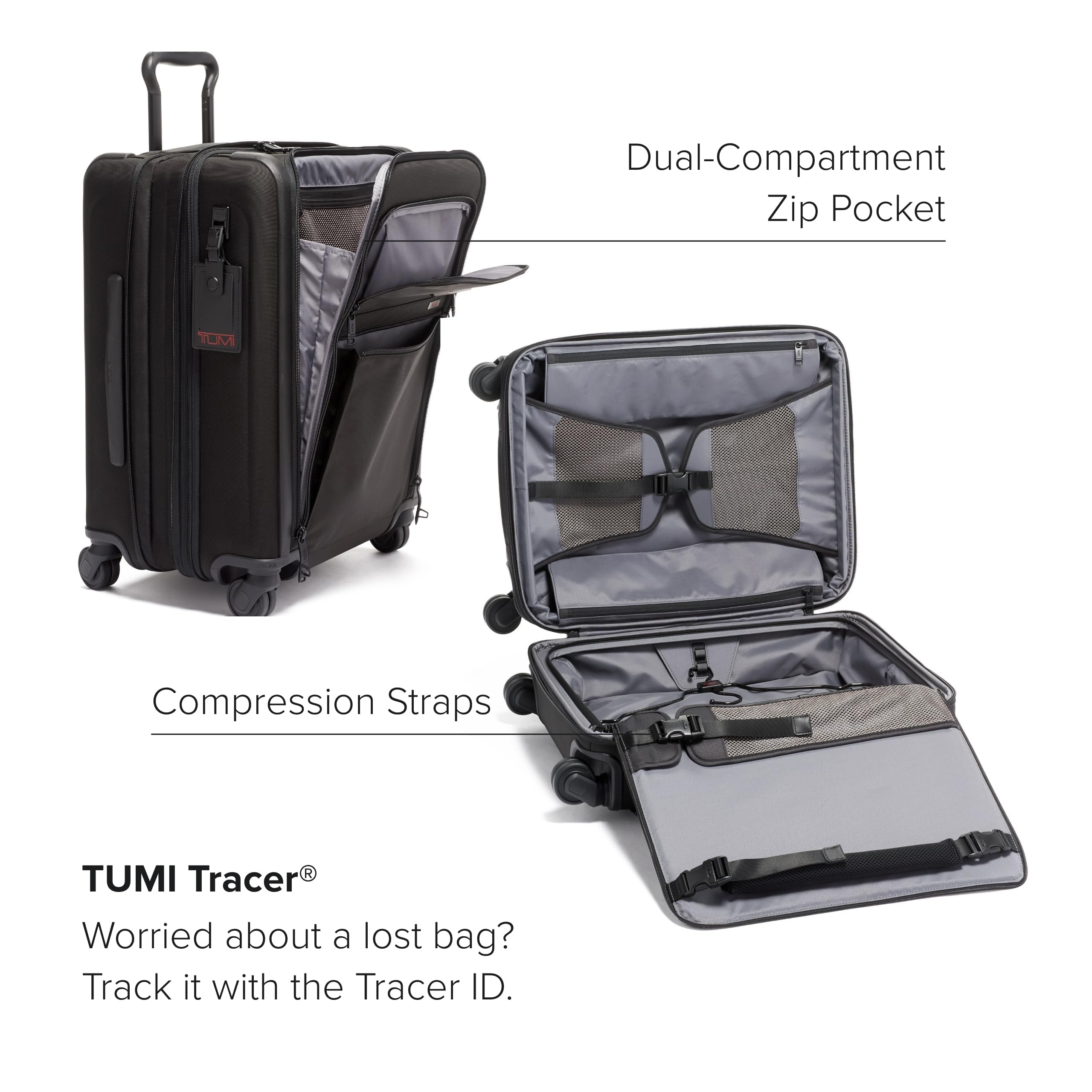 TUMI Alpha Continental Expandable 4-Wheel Carry-On Luggage with TSA Lock - Lightweight Compact Travel Suitcase for Business & Vacation - Black Tracer Edition (Perfect for Air Travel & Weekend Getaways)