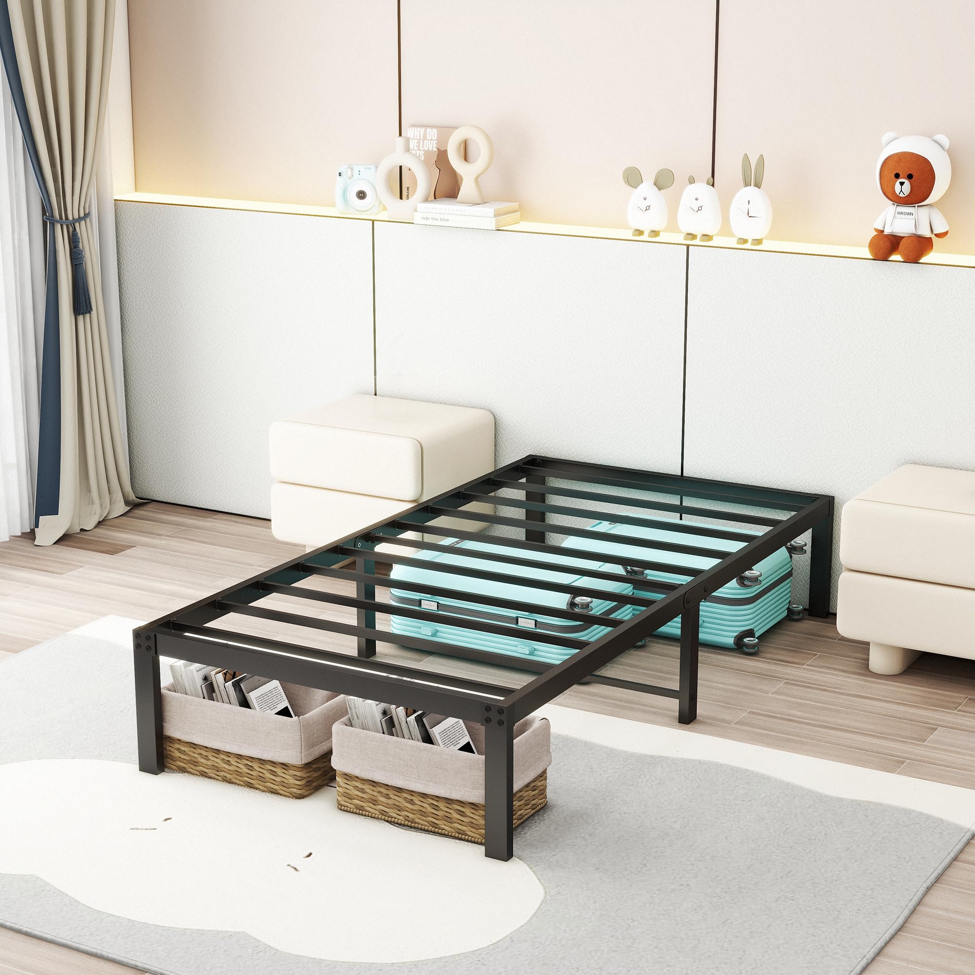 14 Inch Twin Bed Frame - Heavy Duty Metal Platform Bed with Storage, No Box Spring Needed, Double Reinforcement & Noise Free - Textured Black - Perfect for Kids, Teens, Guest Rooms & Small Spaces