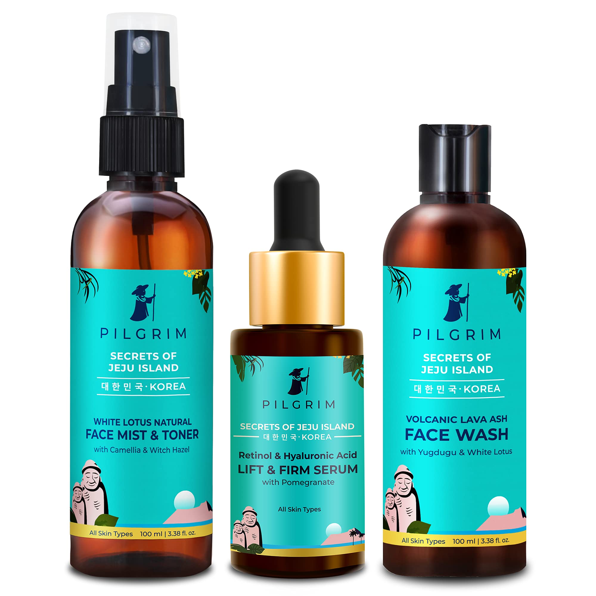 Volcanic Lava Face Cleanser 100ml & 1% Retinol Hyaluronic Acid Serum 30ml - Skin Tightening & Brightening Set for All Skin Types | Men & Women | Daily Hydration Routine for Pilgrim Day & Travel Skincare