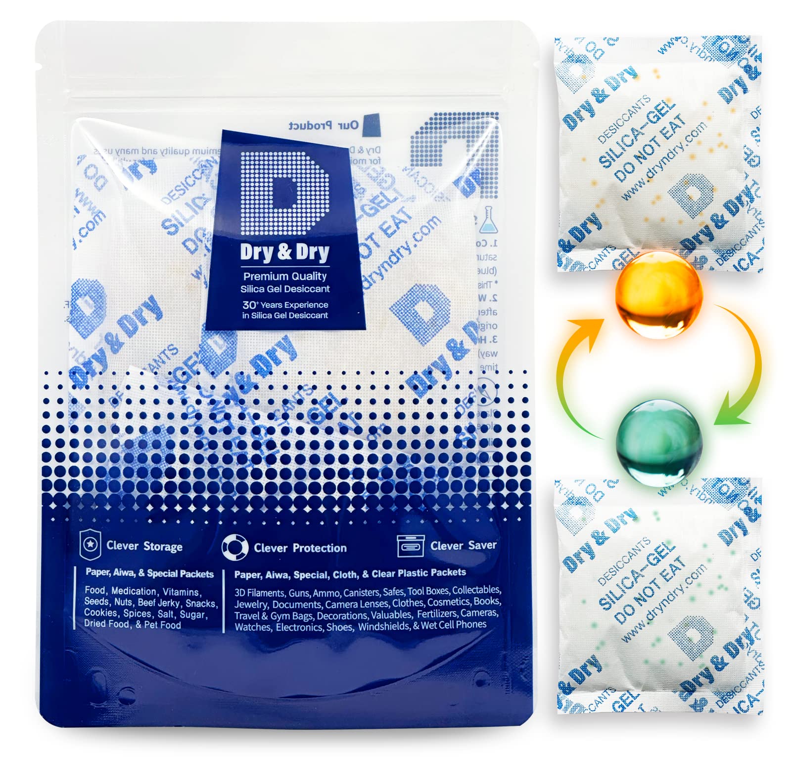 Dry & Dry 50 Gram [5 Packs] Orange Indicating Silica Gel Packets (Orange to Dark Green) - Food Safe, Rechargeable Desiccant for Moisture Control - Ideal for Food Storage, Electronics, Documents & Travel