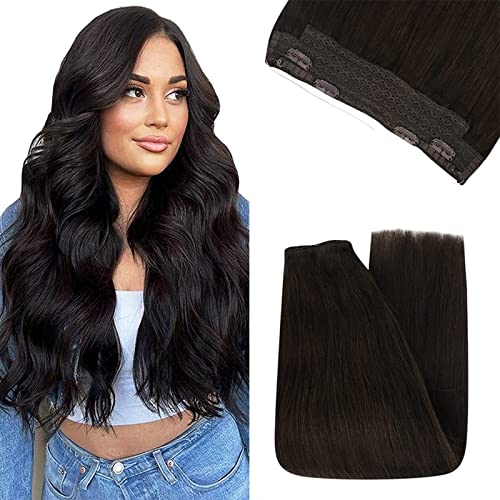 YoungSee 20 Inch Dark Brown Wire Hair Extensions - 100% Real Human Hair, Invisible Fish Wire Hair Extensions for Women, Natural Look & Comfortable Headband - Perfect for Daily Wear, Parties, Weddings & Special Occasions