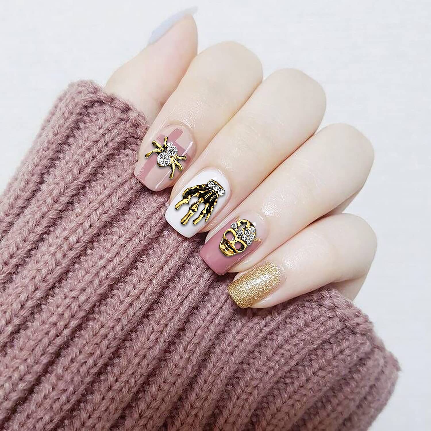 60Pcs 3D Halloween Nail Charms - Gold Spider, Skull & Skeleton Hand Nail Art Studs - Halloween Nail Decorations for Women - Perfect for Halloween Parties, Costume Nails & Spooky Nail Art Designs
