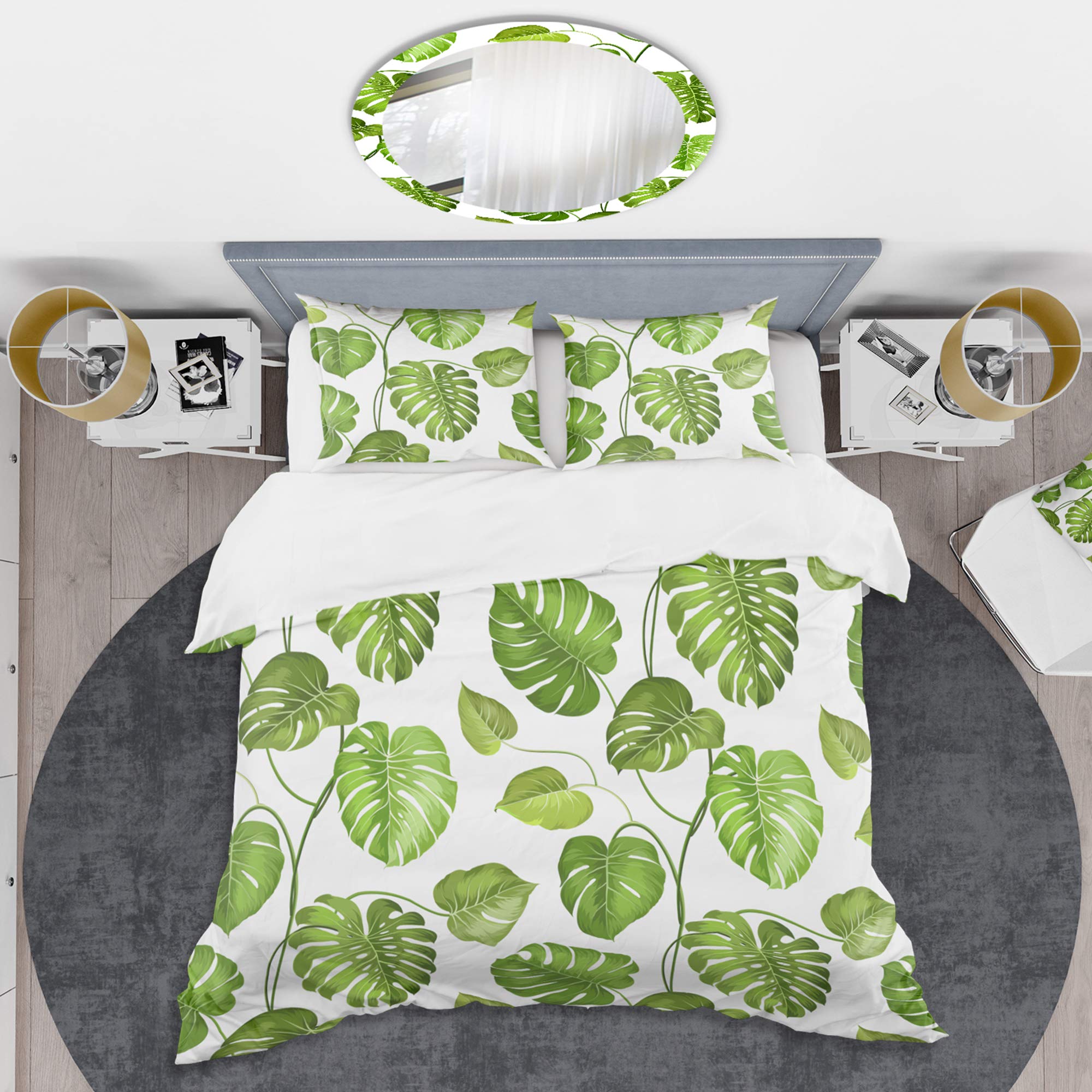 Tropical Palm Leaves Mid-Century Modern Duvet Cover Set - Queen Size 3-Piece Bedding in Green | All Season Luxury Bed Sheets for Master Bedroom & Guest Room Decor