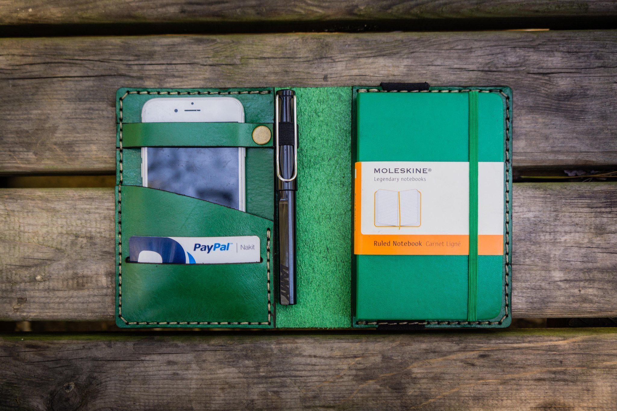 Premium Green Leather Pocket Moleskine Journal Cover - Handmade Genuine Leather Notebook Holder for Travel, Work & Daily Use