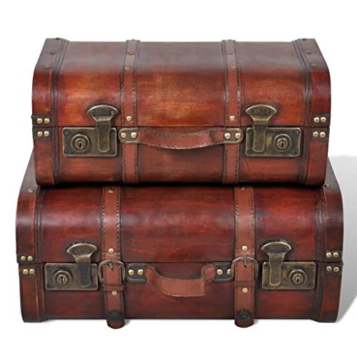 Vintage Wooden Treasure Chest Set of 2 - Antique Brown Storage Trunks with Lock & Handle for Jewelry, Collectibles & Home Decor | Perfect for Jewelry Storage, Card Collections & Vintage Home Decoration