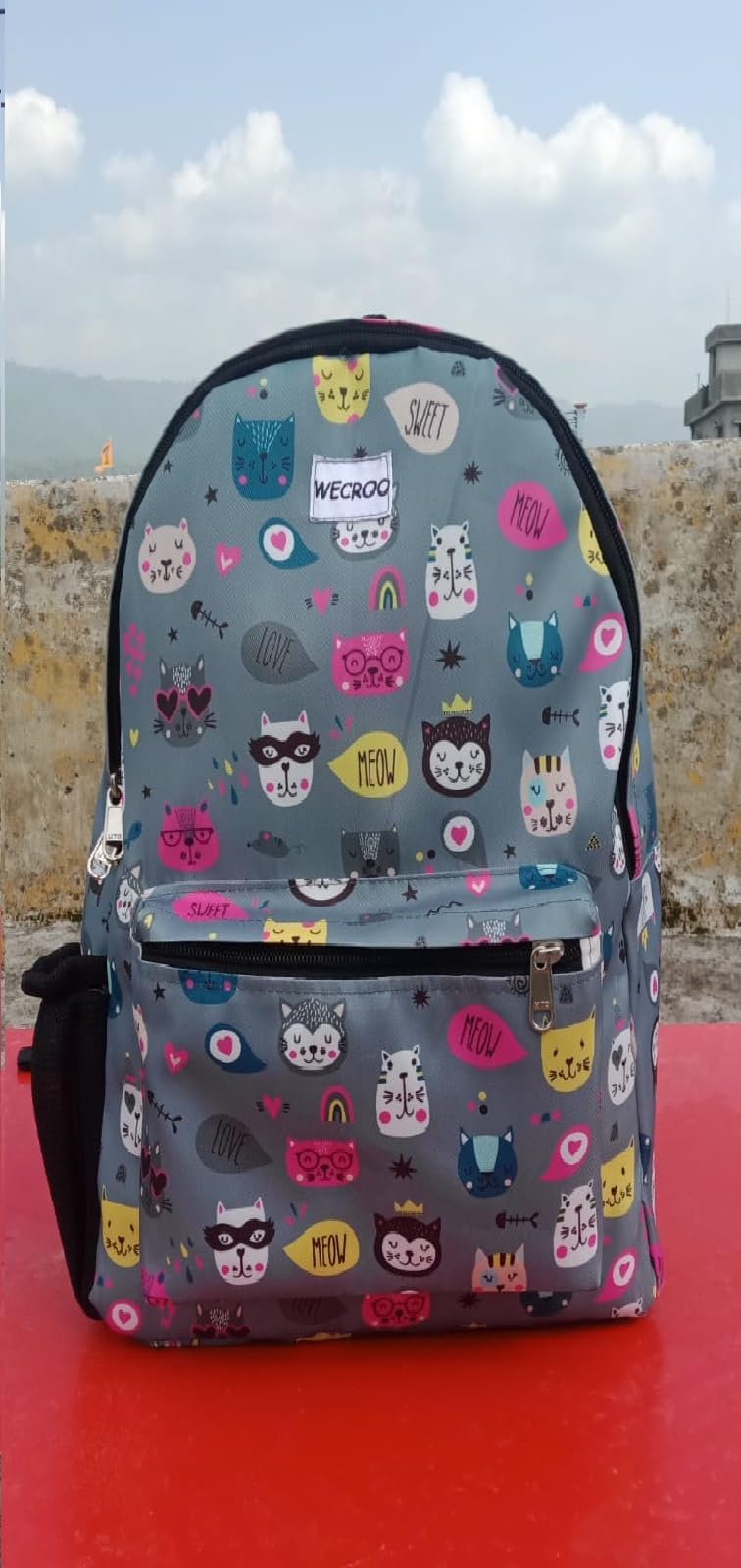 Stylish Water-Resistant Lightweight Backpack for Women & Girls - Perfect for School, College, Office & Casual Use (Medium Size, Grey Kitty Design)