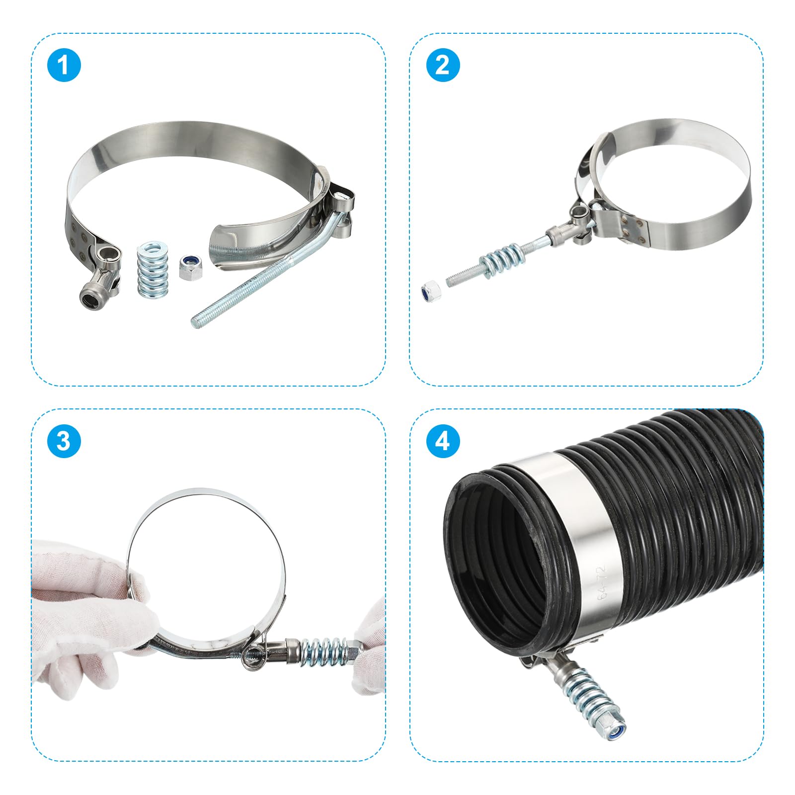 304 Stainless Steel T-Bolt Hose Clamps with Spring - 2 Pack (5-5.3