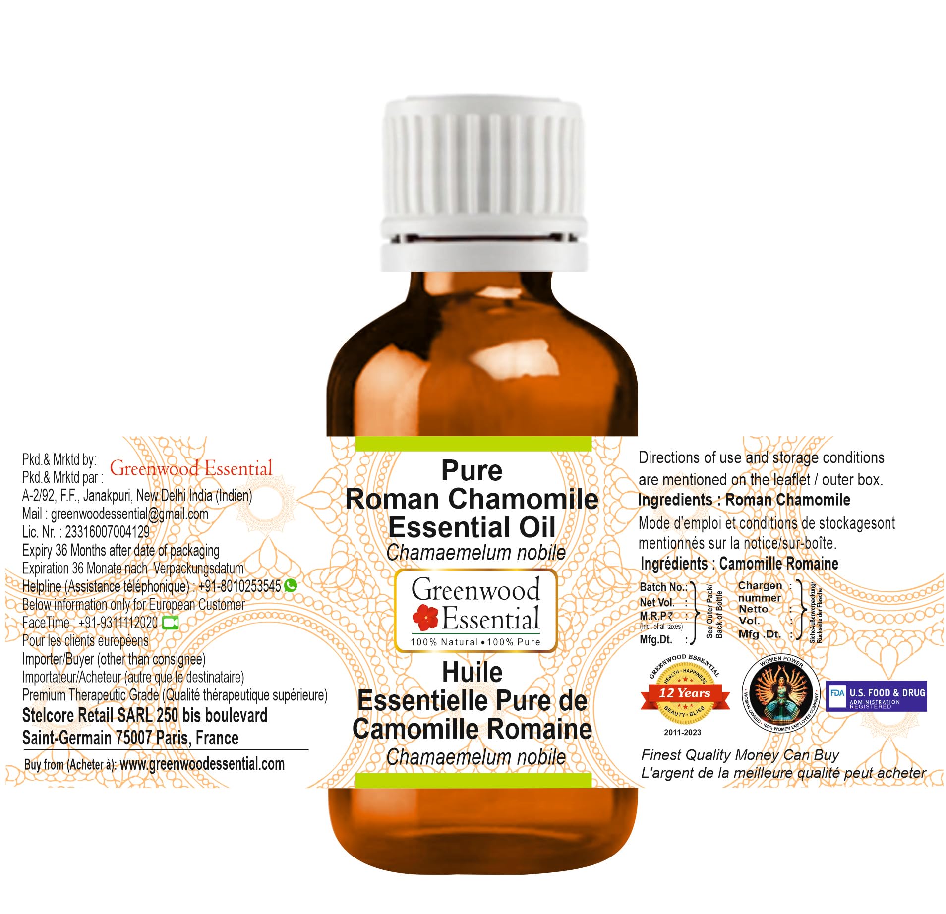 Pure Roman Chamomile Essential Oil (Chamaemelum nobile) 100% Natural, Steam Distilled - 3.38 oz (100ml) for Aromatherapy, Massage & Stress Relief