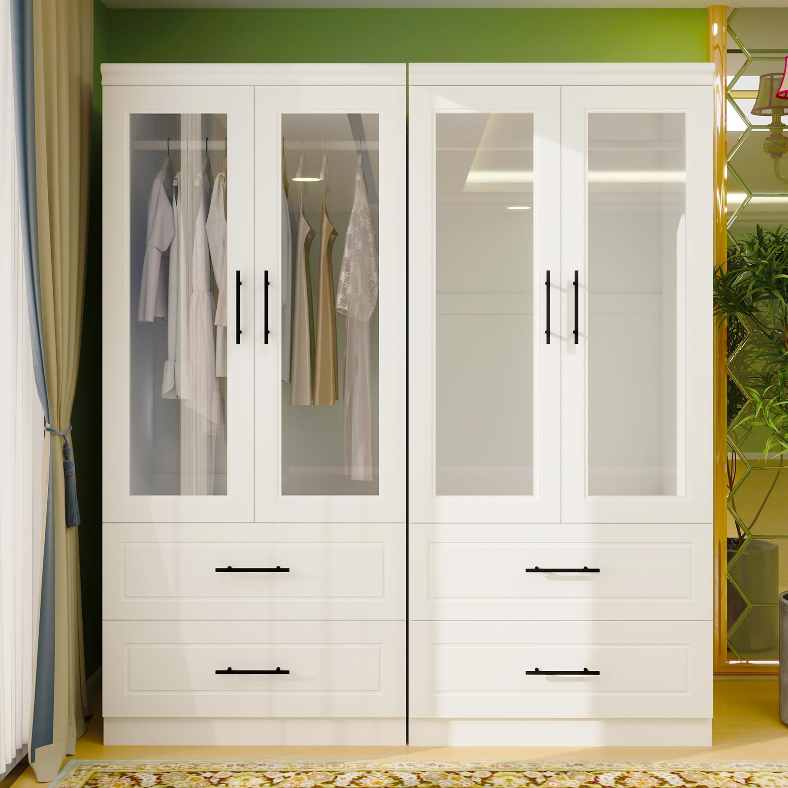 Modern White 4-Door Wooden Armoire Wardrobe Closet with Glass Doors & Hanging Rod - Spacious Bedroom Storage Cabinet for Clothes, Shoes & Accessories - Perfect for Master Bedrooms, Guest Rooms & Dorm Organization