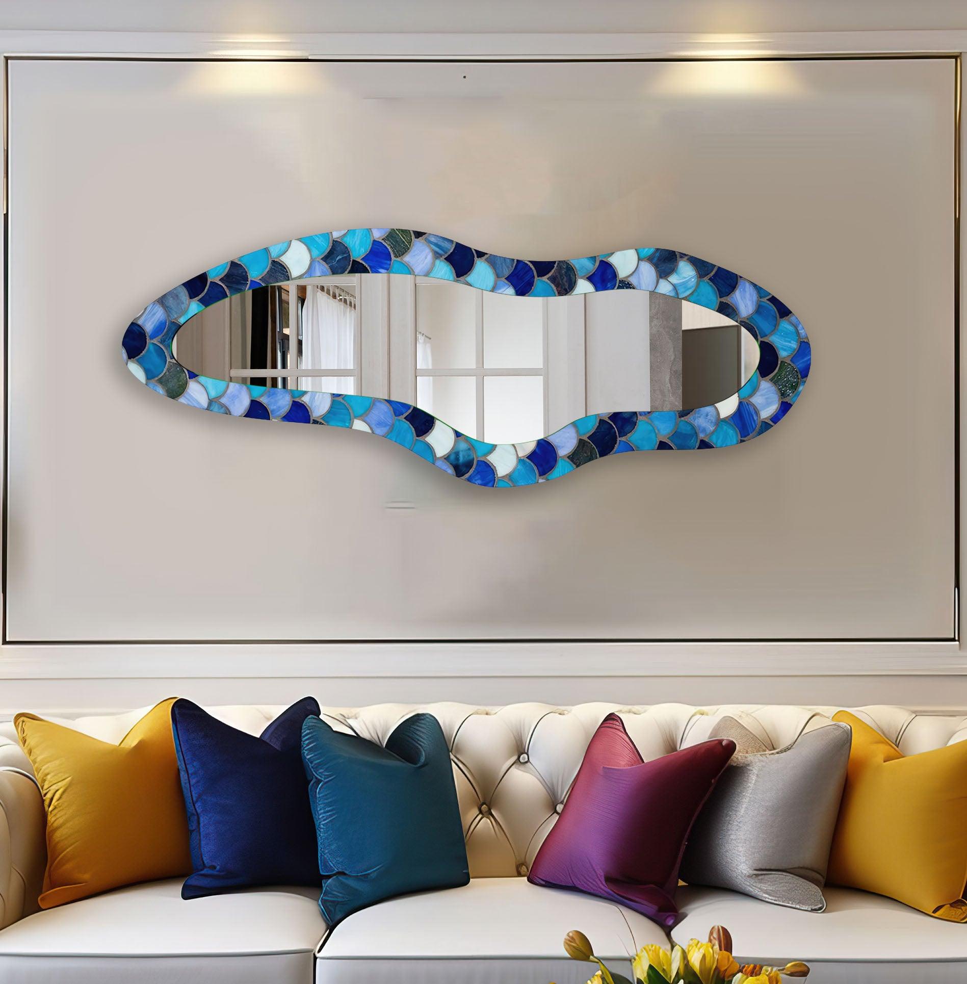 Handmade Blue Stained Irregular Long Glass Wall Mirror - Unique Boho Decor for Living Room, Bedroom & Entryway