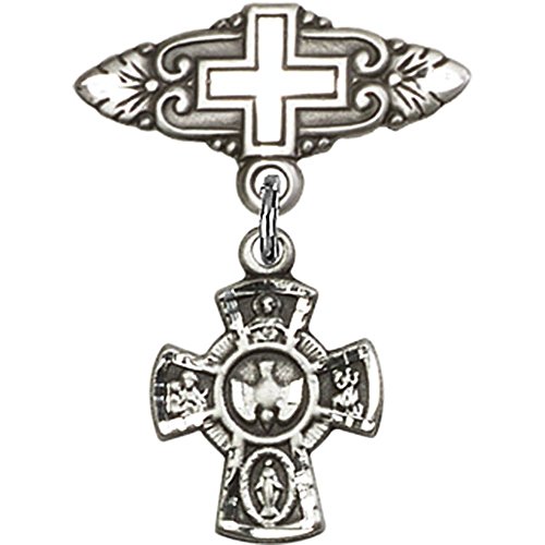 Sterling Silver Baby Badge with 5-Way Charm & Cross Pin - Perfect for Christening, Baptism, First Communion & Baby Shower Gifts