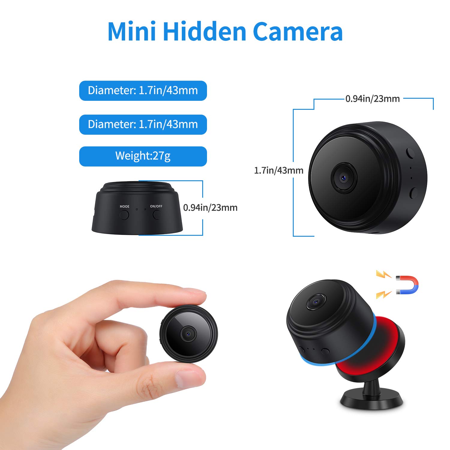 Mini Spy Camera WiFi Hidden - 1080P HD Secret Camera with Night Vision, Motion Detection & Loop Recording - Tiny Nanny Cam for Home Security, Baby Monitor, Pet Camera (Indoor/Outdoor Use)