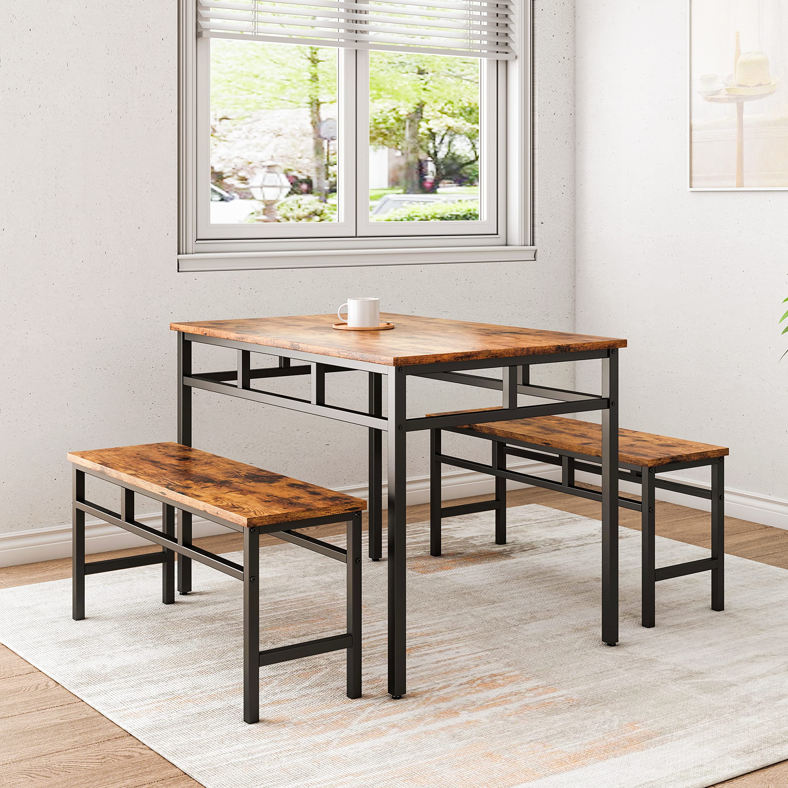 Rustic Brown Dining Table Set with 2 Benches - Kitchen & Breakfast Table for 4-6 People, Easy Assembly, Perfect for Small Spaces & Living Rooms | Ideal for Family Meals, Entertaining Guests & Cozy Dining
