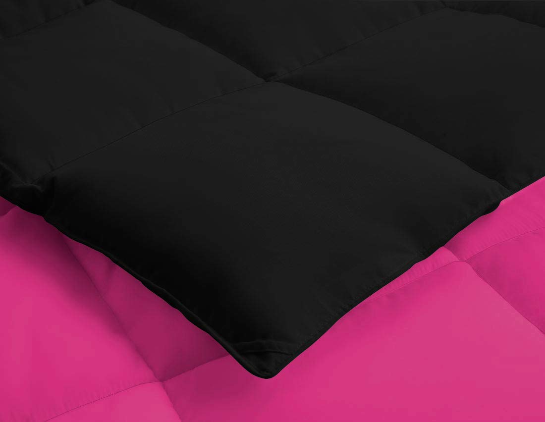All-Season 3-Piece Reversible Down Alternative Comforter Set - 500 GSM Soft Cotton Quilted Bedding | Queen/Full Size in Black & Hot Pink | Perfect for Year-Round Comfort in Bedroom, Guest Room & Dorm