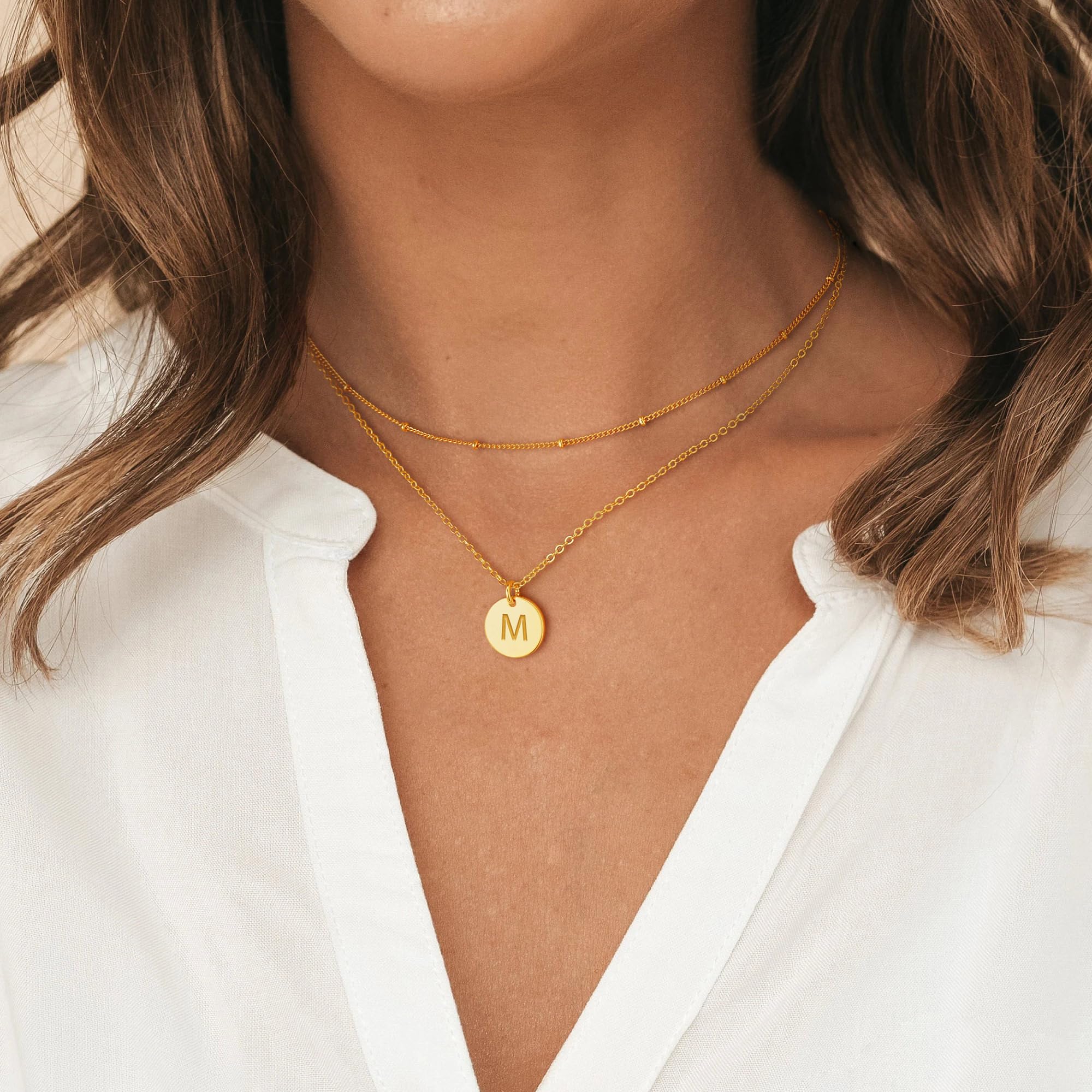 14K Gold Plated Initial Layered Necklace for Women - Personalized Letter Coin & Bar Stacking Y-Necklace Jewelry Gift | Perfect for Layering, Everyday Wear & Special Occasions