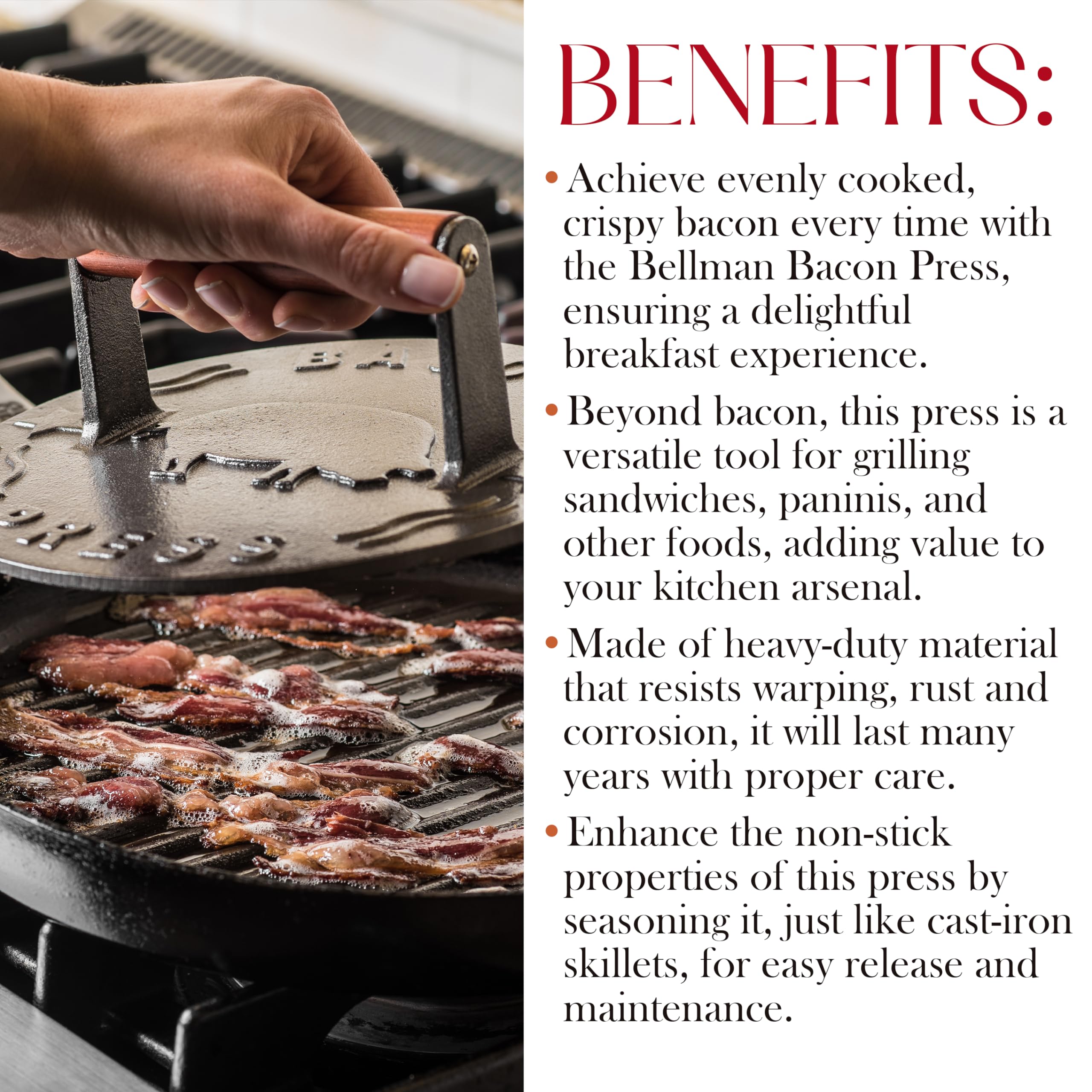 Bellemain 8.5-Inch Round Cast Iron Bacon Press - Heavy Duty Grill Weight for Perfectly Seared Bacon, Steak, Sandwiches & Paninis | Even Heat Distribution | Ideal for Griddle, BBQ, Camping & Home Cooking
